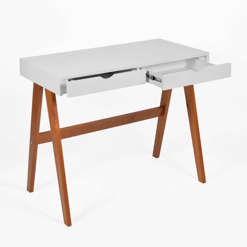 escrivaninha 2 gavetas olivia branco e amendoa gaveta aberta afastado