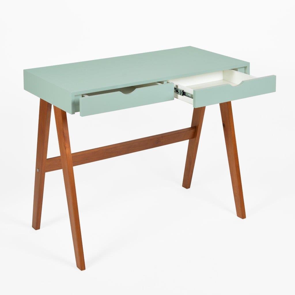 escrivaninha 2 gavetas olivia verde oliva e amendoa gaveta aberta afastado