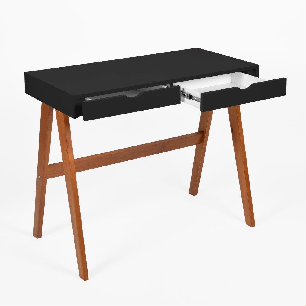 escrivaninha 2 gavetas olivia preto e amendoa gaveta aberta afastado