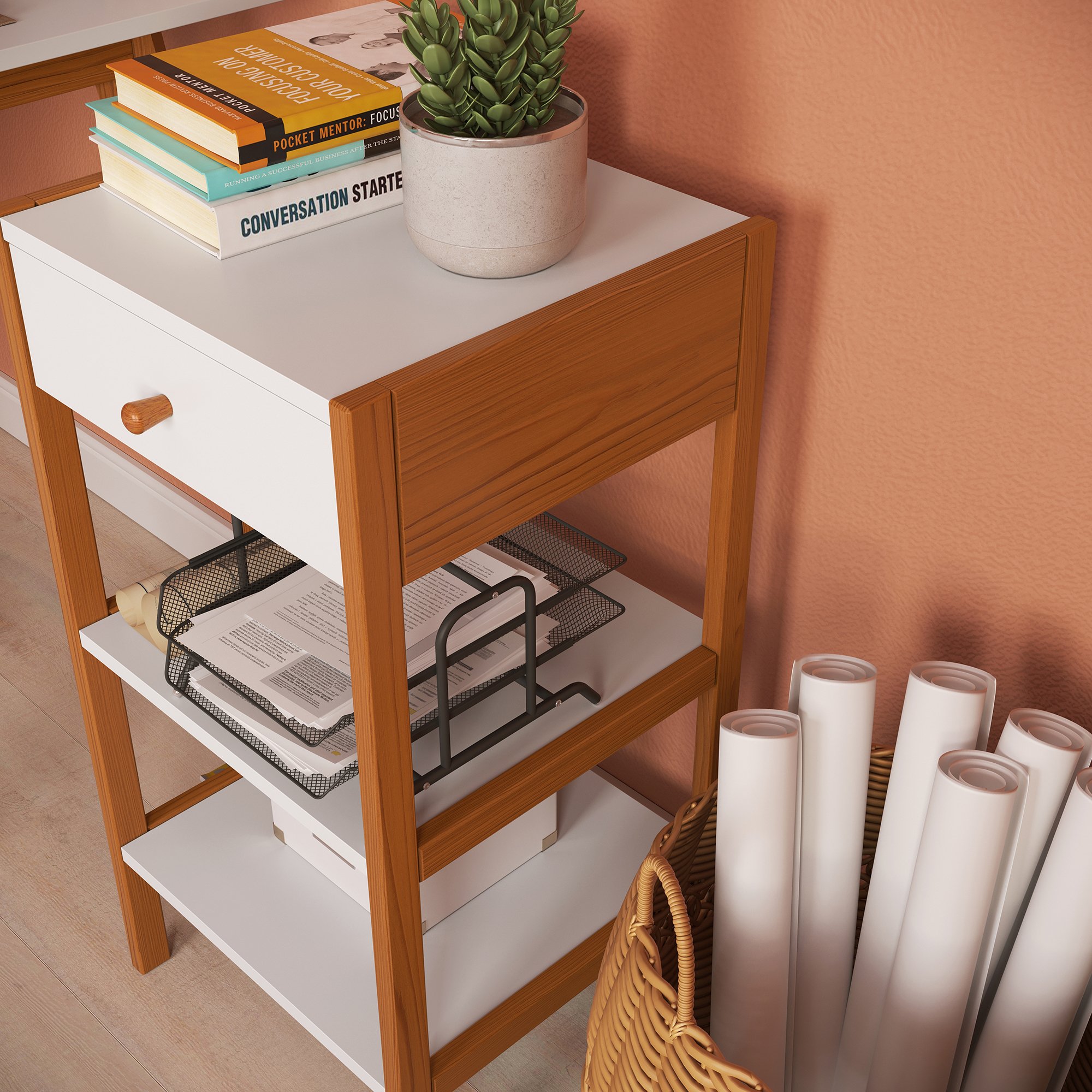 gaveteiro mesa de cabeceira bel 1 gaveta branco e mel