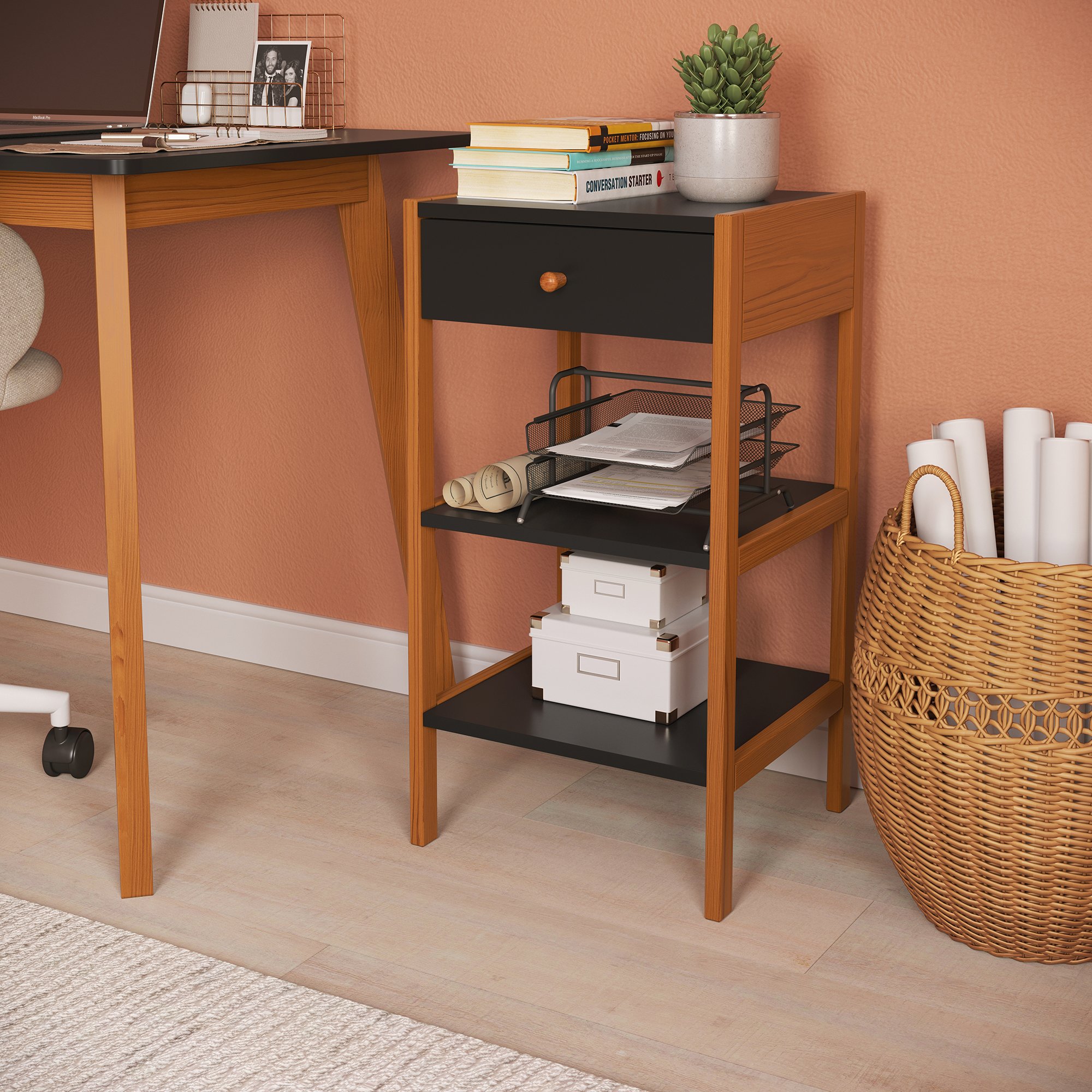 gaveteiro mesa de cabeceira bel 1 gaveta preto e mel