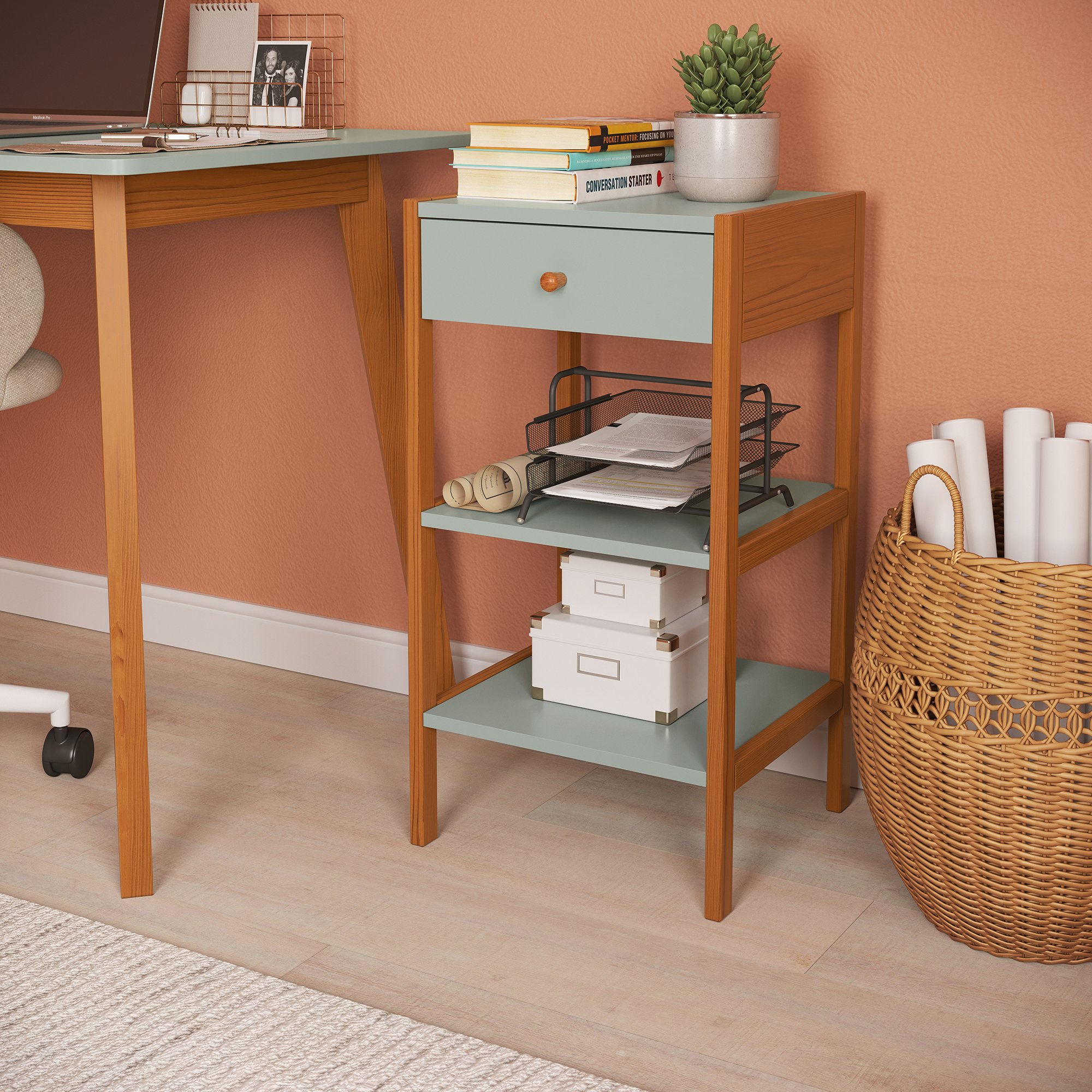 gaveteiro mesa de cabeceira bel 1 gaveta verde oliva e mel