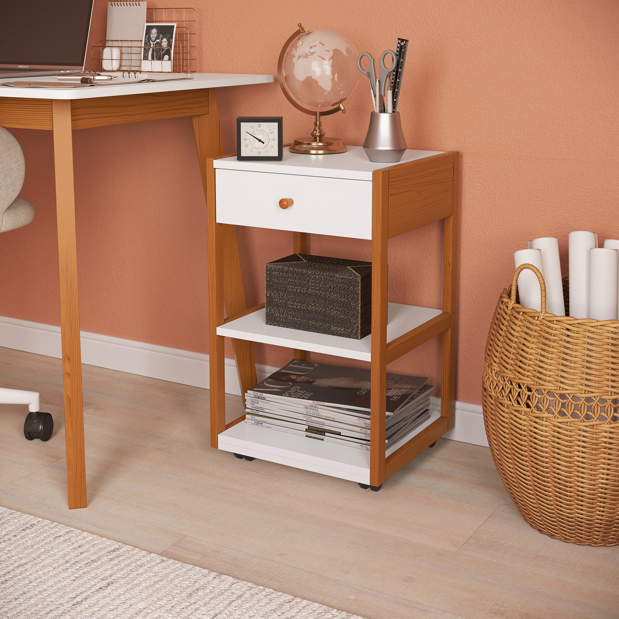 gaveteiro mesa de cabeceira bel 1 gaveta branco e mel