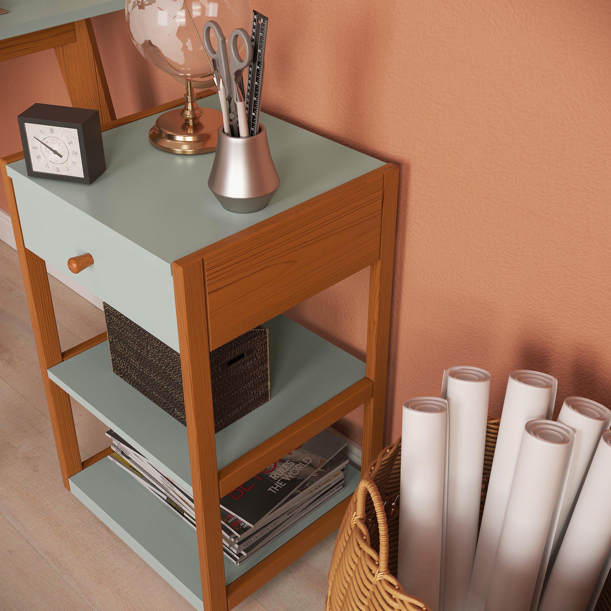 gaveteiro mesa de cabeceira bel 1 gaveta verde oliva e mel