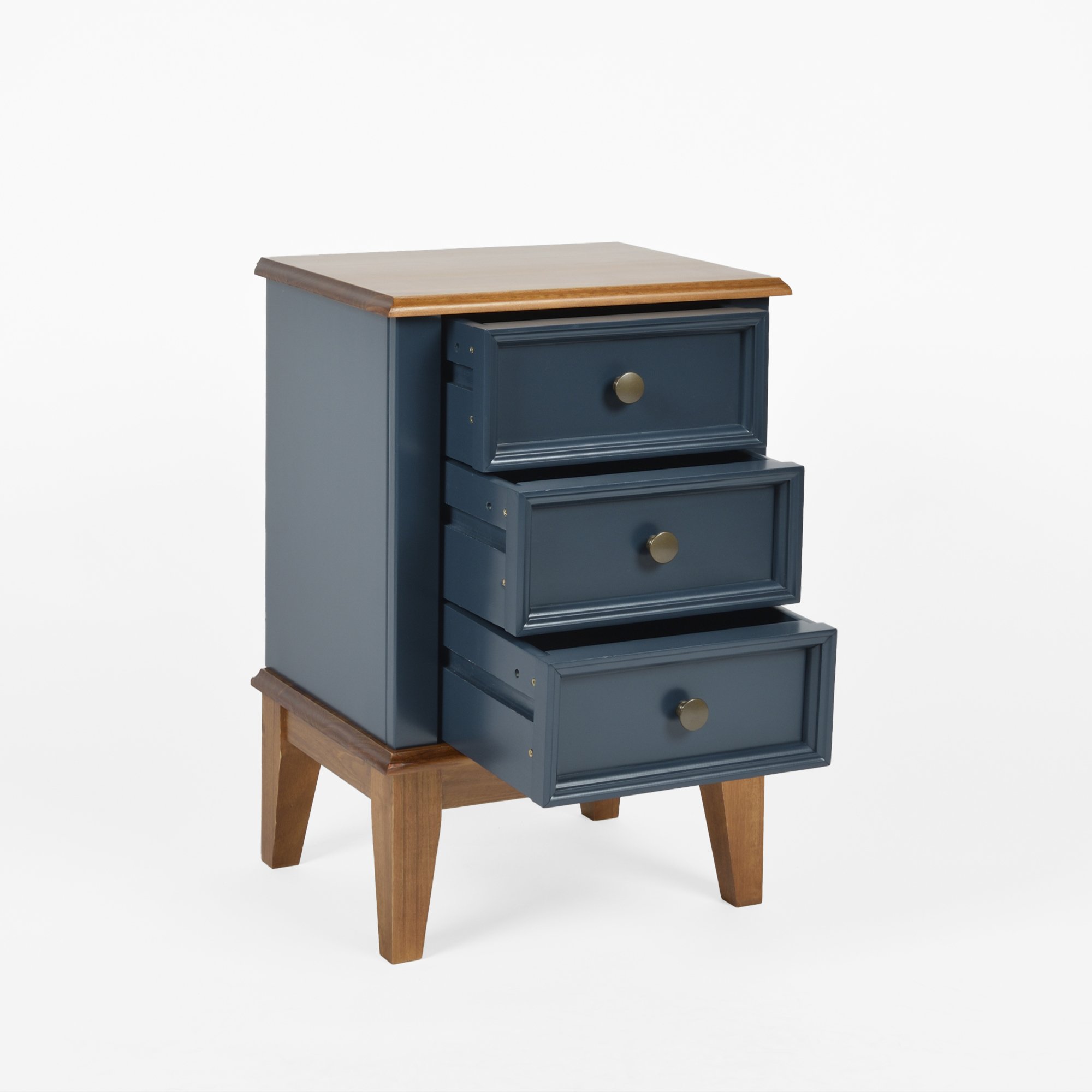 gaveteiro mesa de cabeceira cottage 3 gavetas azul petroleo e amendoa