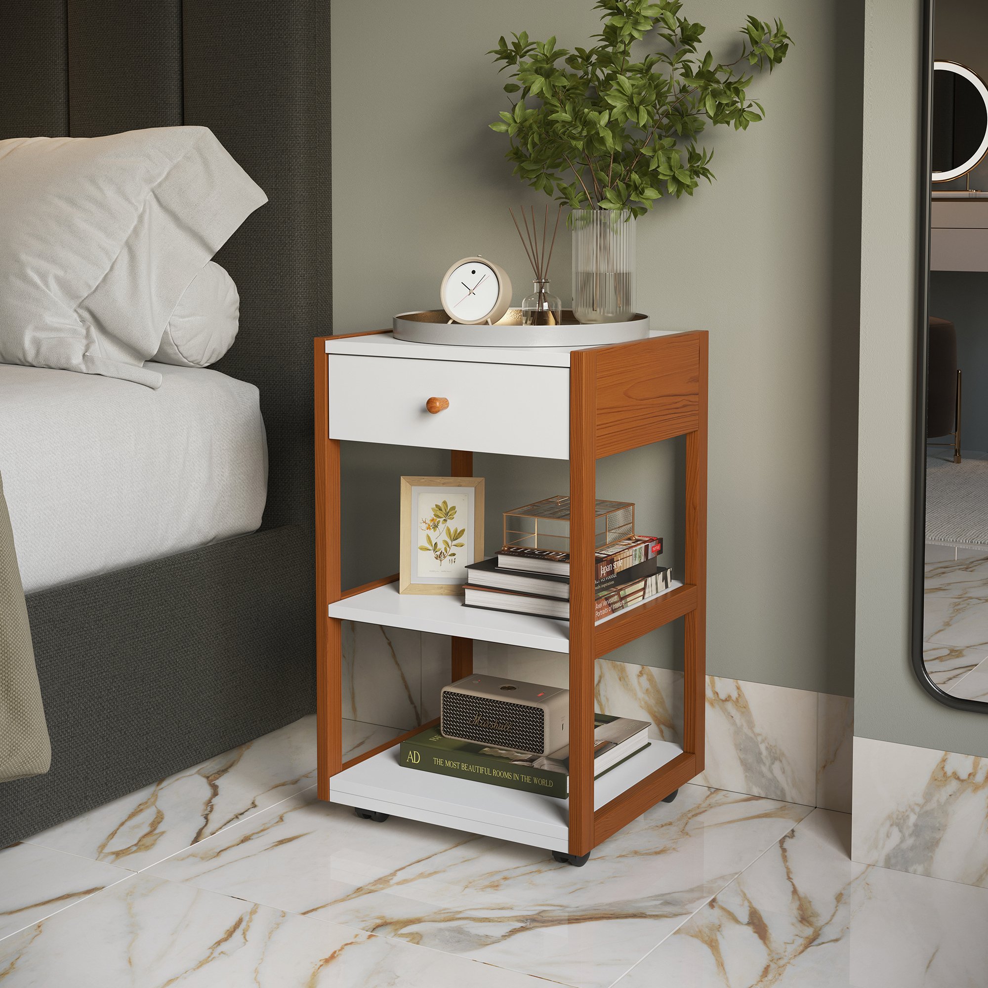 gaveteiro mesa de cabeceira joyce 1 gaveta branco e mel