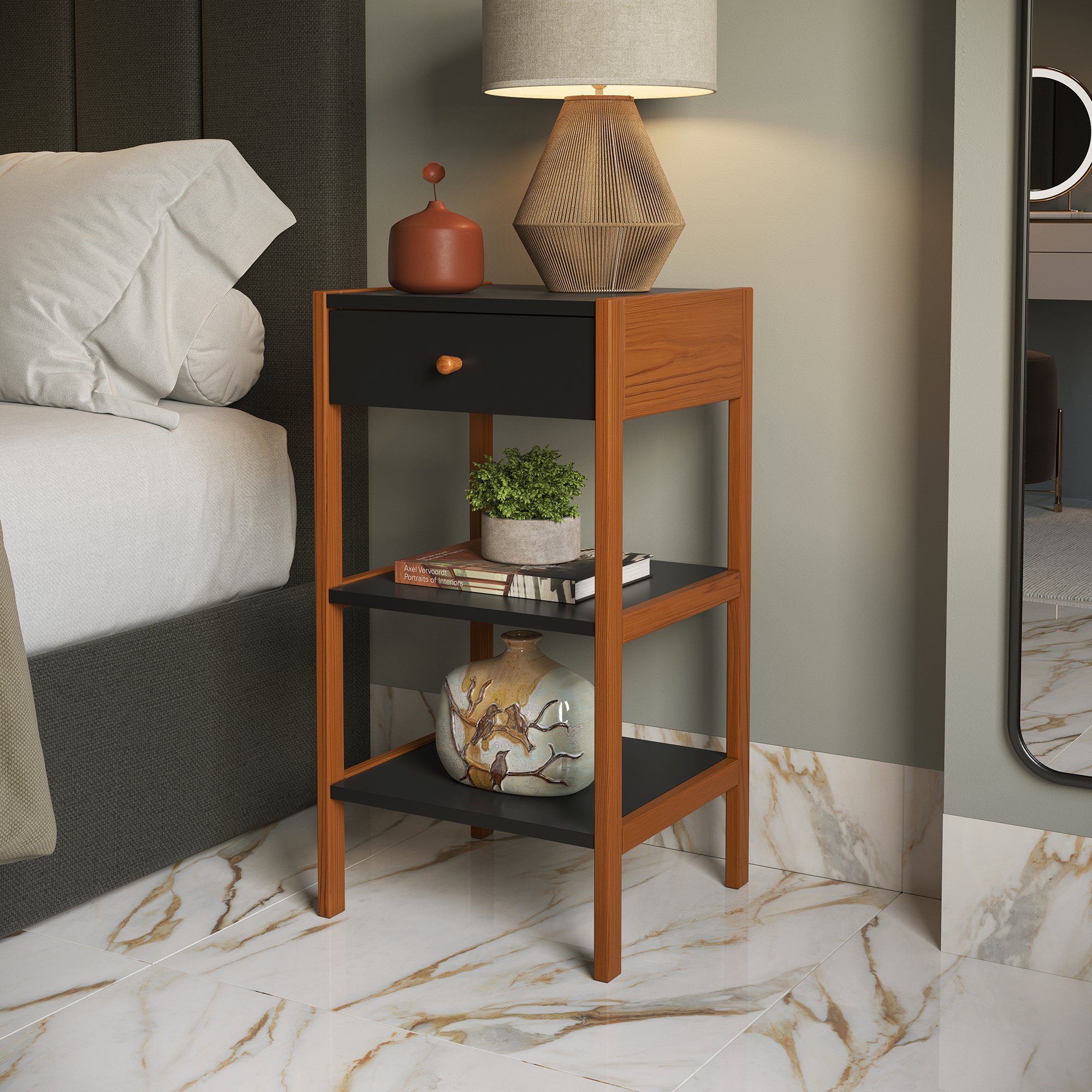 gaveteiro mesa de cabeceira joyce 1 gaveta preto e mel