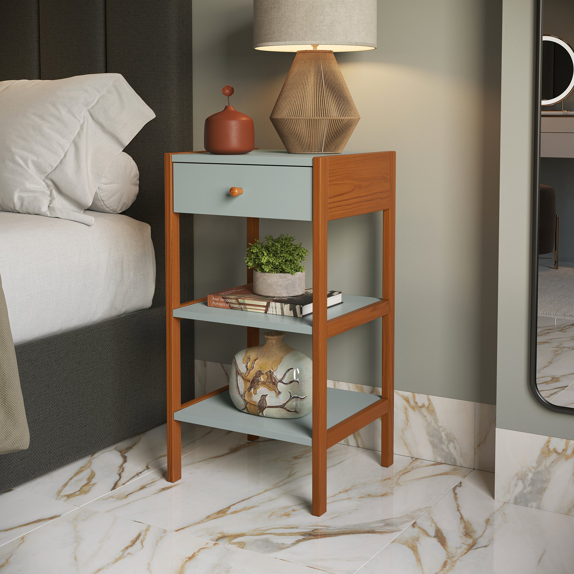 gaveteiro mesa de cabeceira joyce 1 gaveta verde oliva e mel