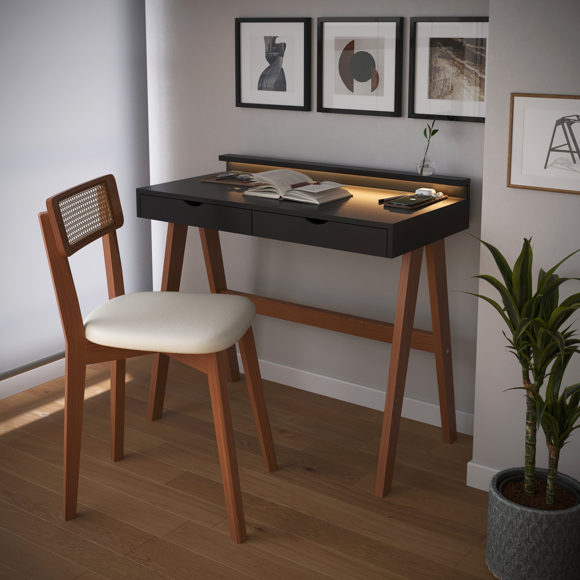 escrivaninha olivia com led preto e amendoa