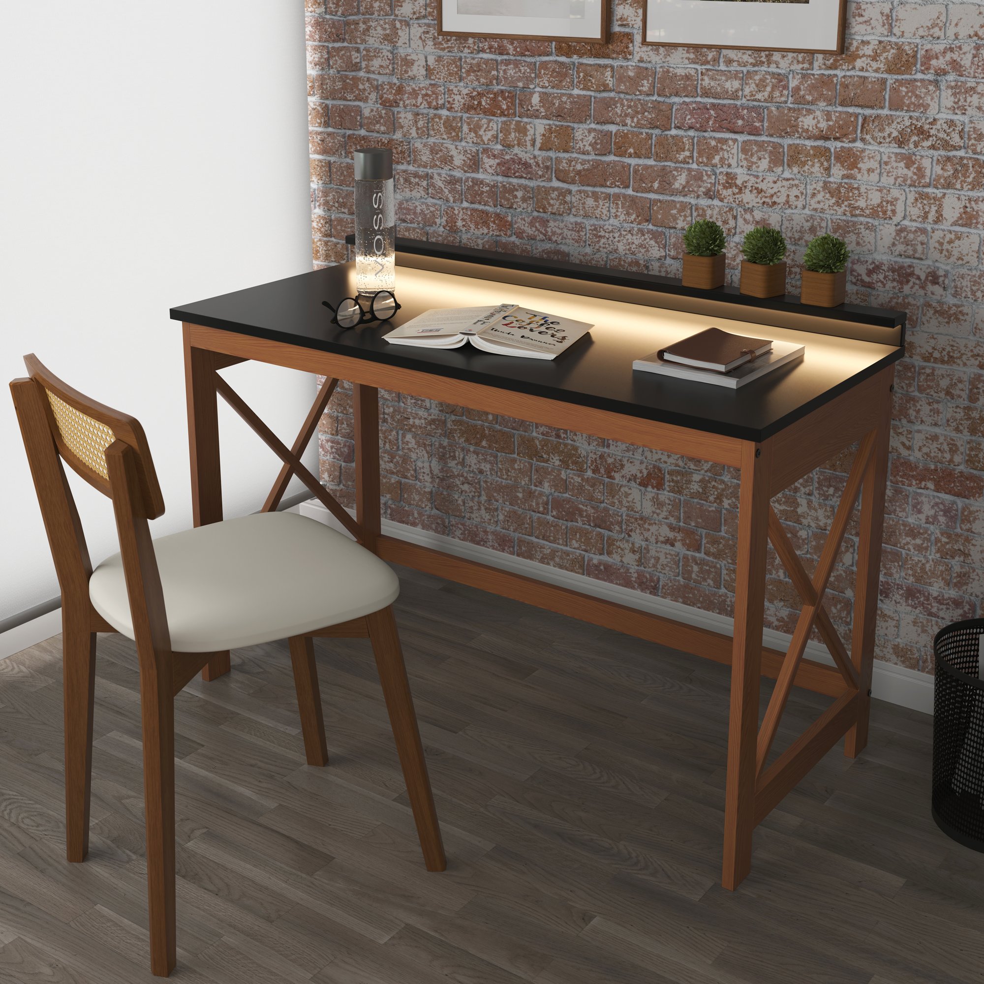 escrivaninha klein com led preto e amendoa