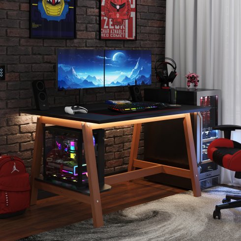 escrivaninha gamer com led marisa preto e amendoa