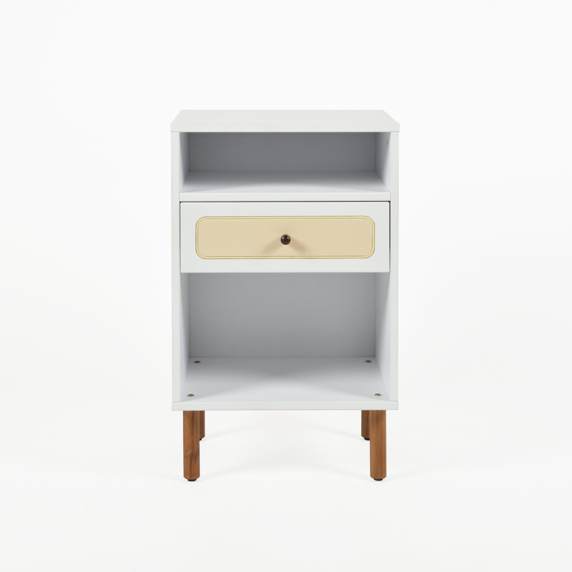 mesa de cabeceira gaveteiro meg branco e amendoa casa huma