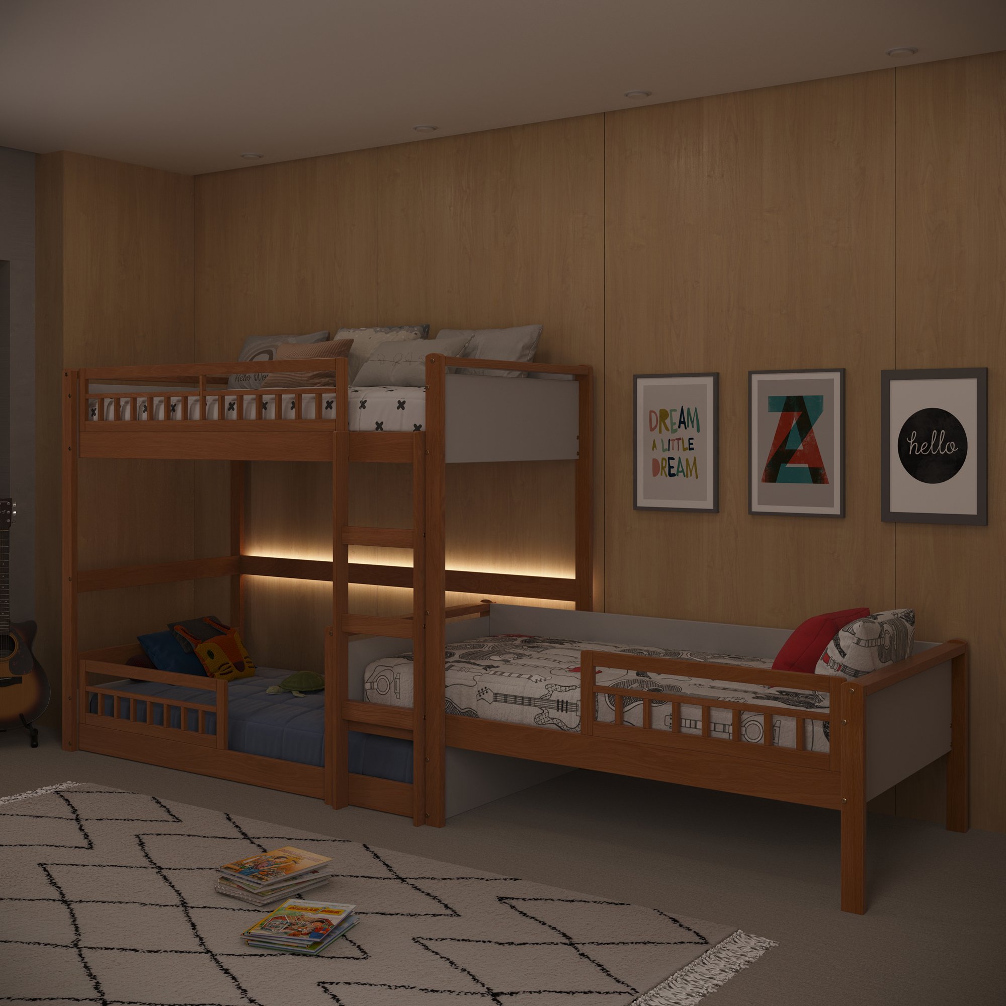 cama alta infantil montessoriana com led branco e mel