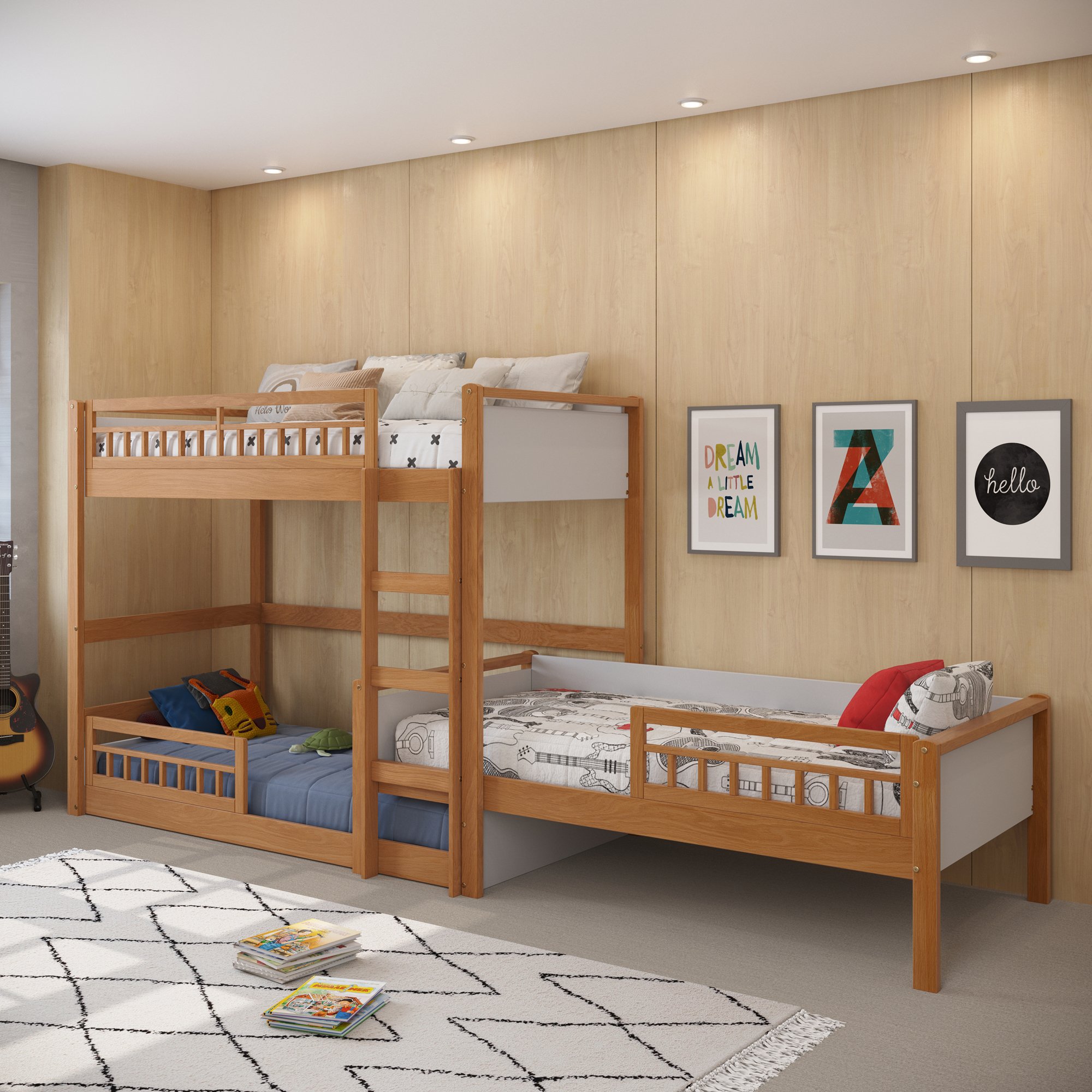 cama alta infantil montessoriana com led branco e mel