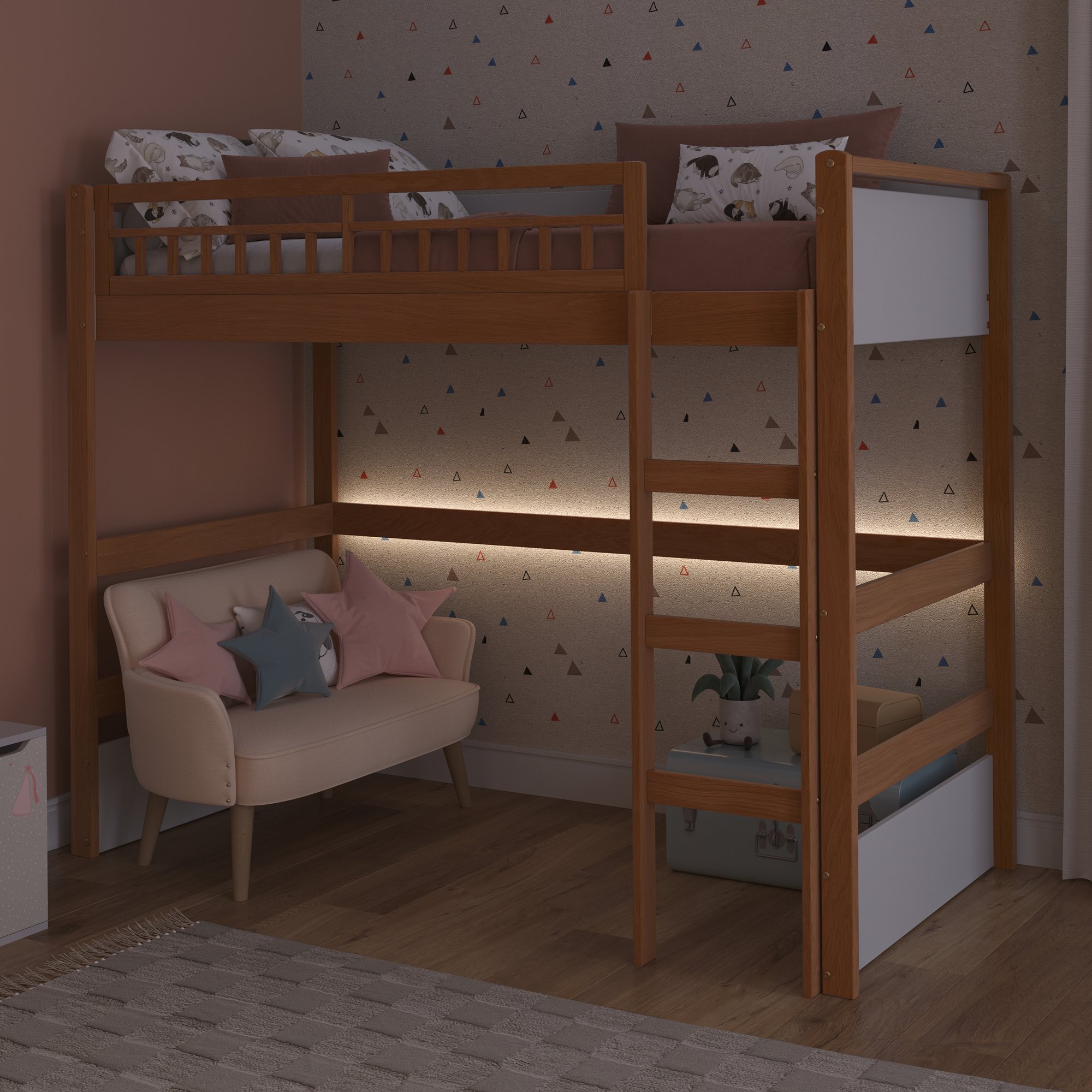 cama alta infantil com led golden branco e mel