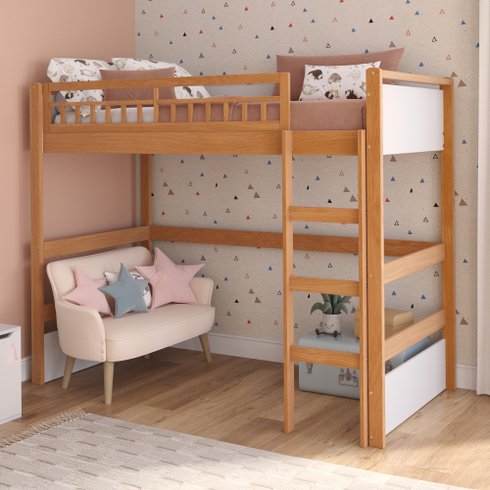 cama alta infantil com led golden branco e mel