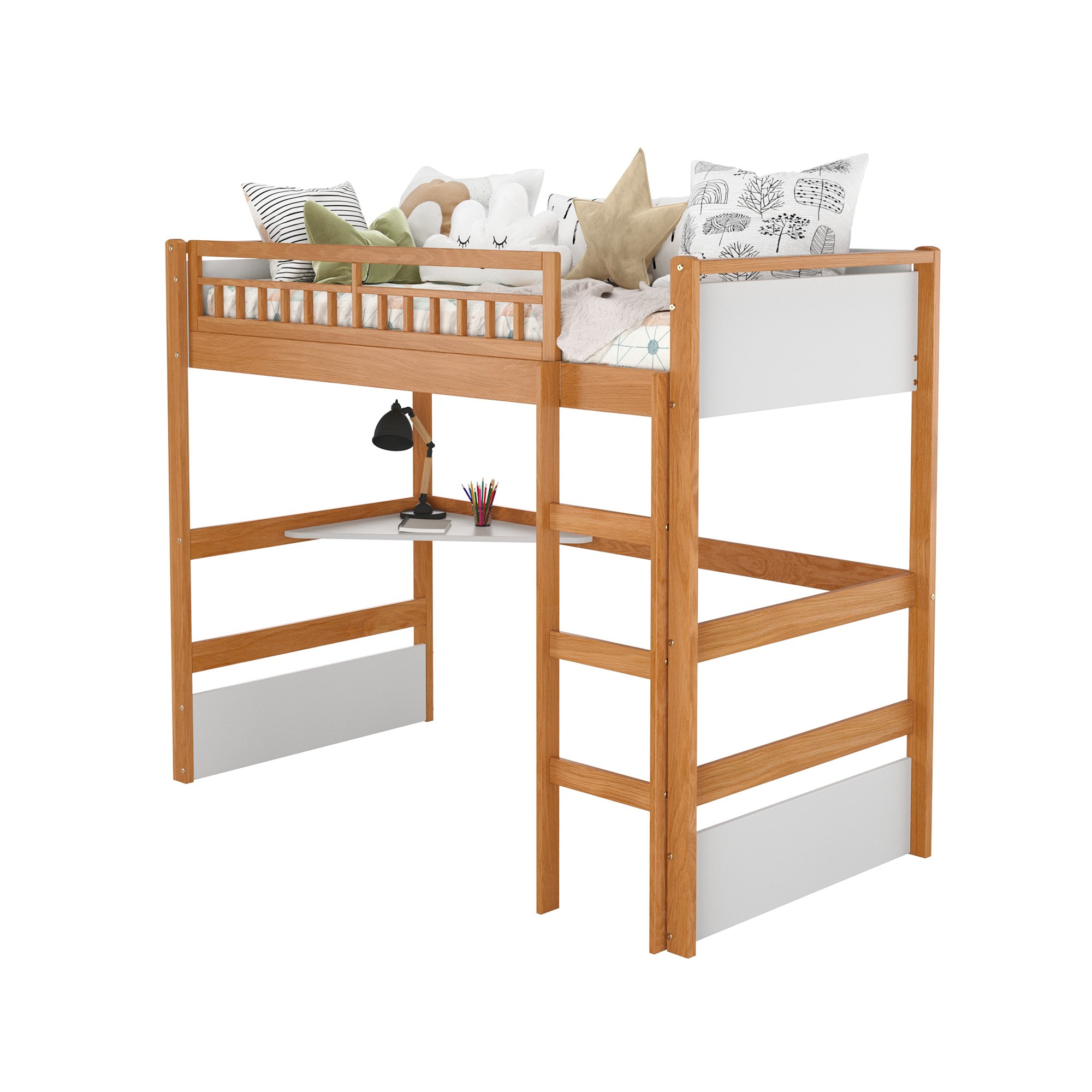 cama alta infantil com escrivaninha e led golden branco e mel