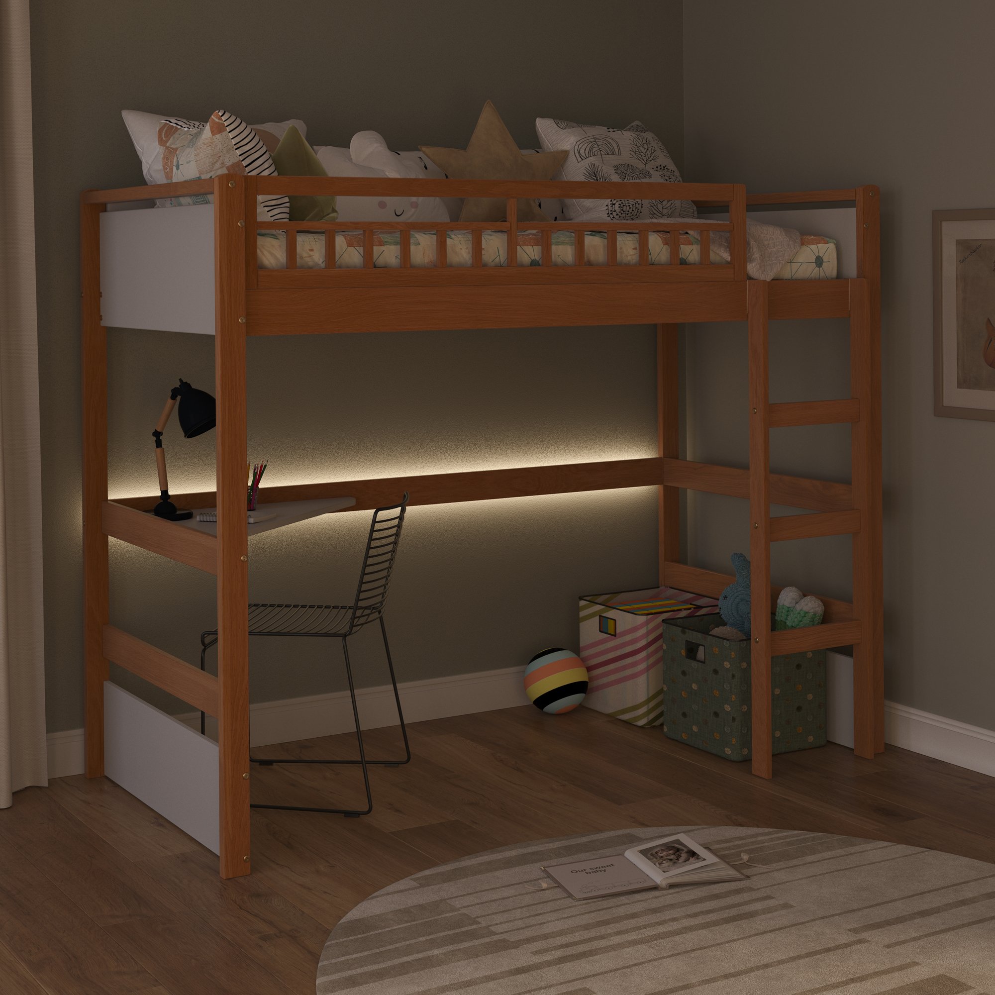 cama alta infantil com escrivaninha e led golden branco e mel