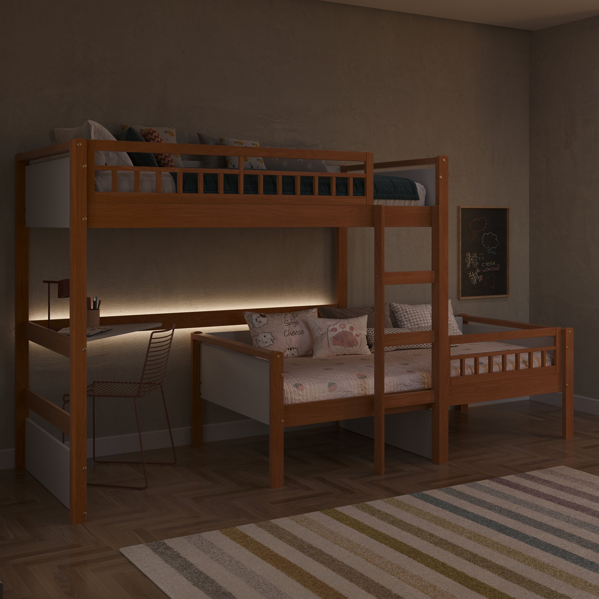 cama alta infantil multifuncional com led golden branco e mel