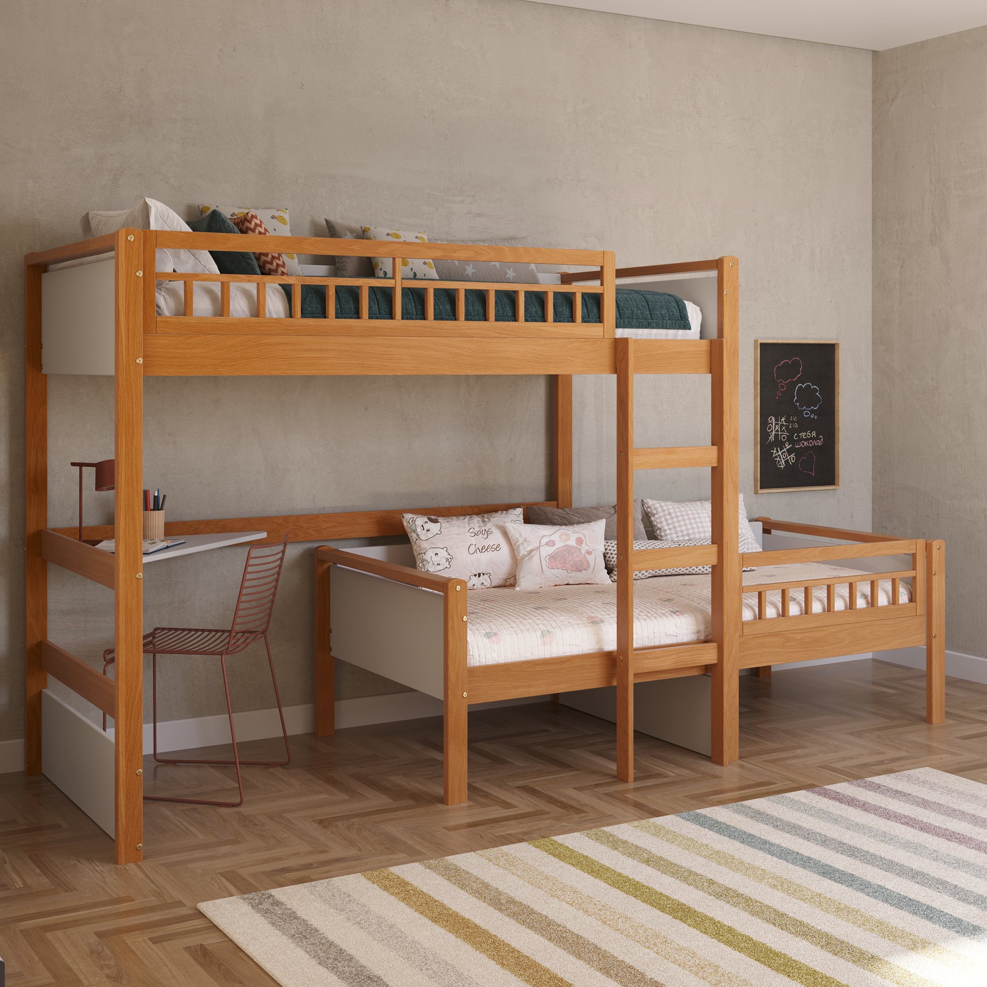 cama alta infantil multifuncional com led golden branco e mel