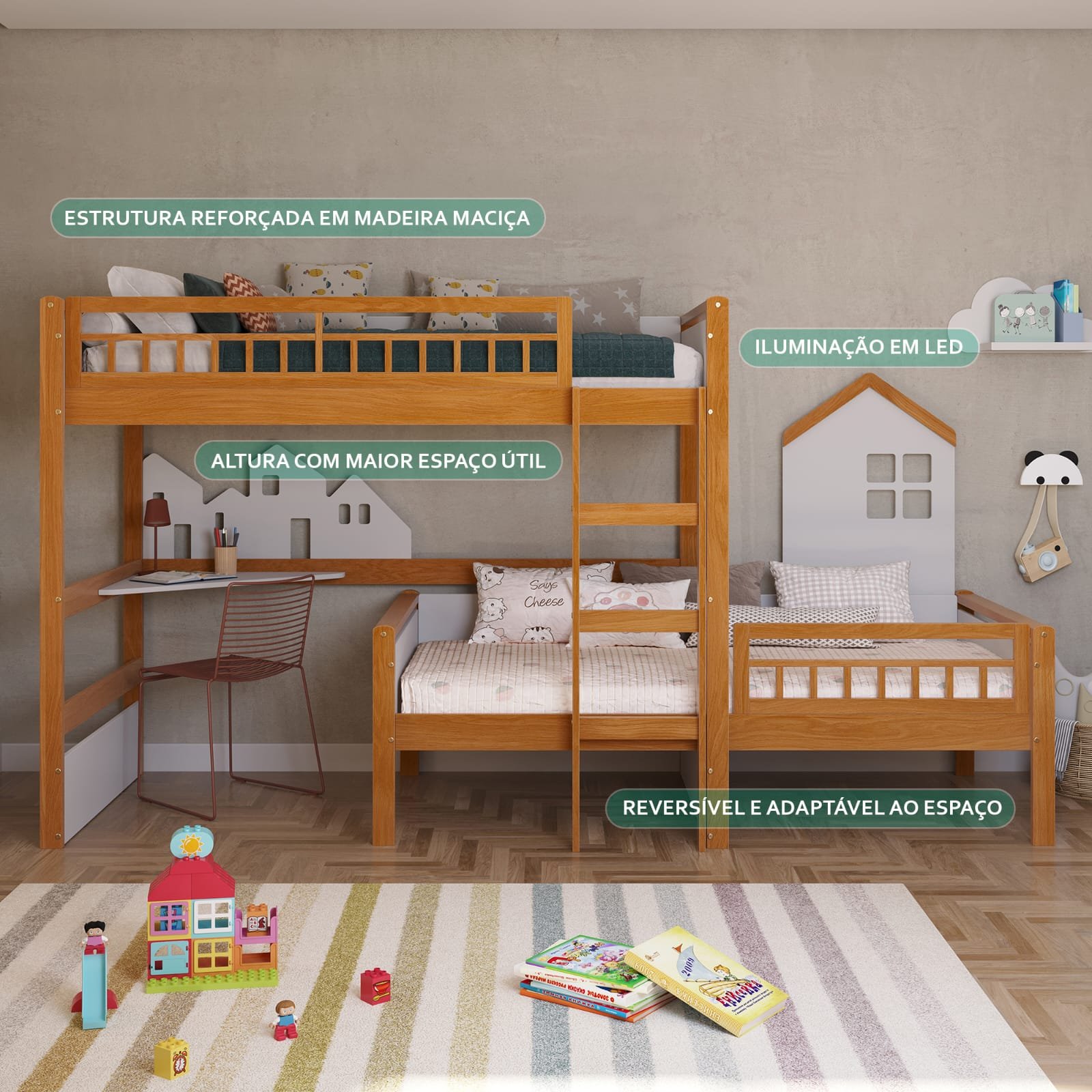 cama alta inf multi com casa cidade esc e led gold