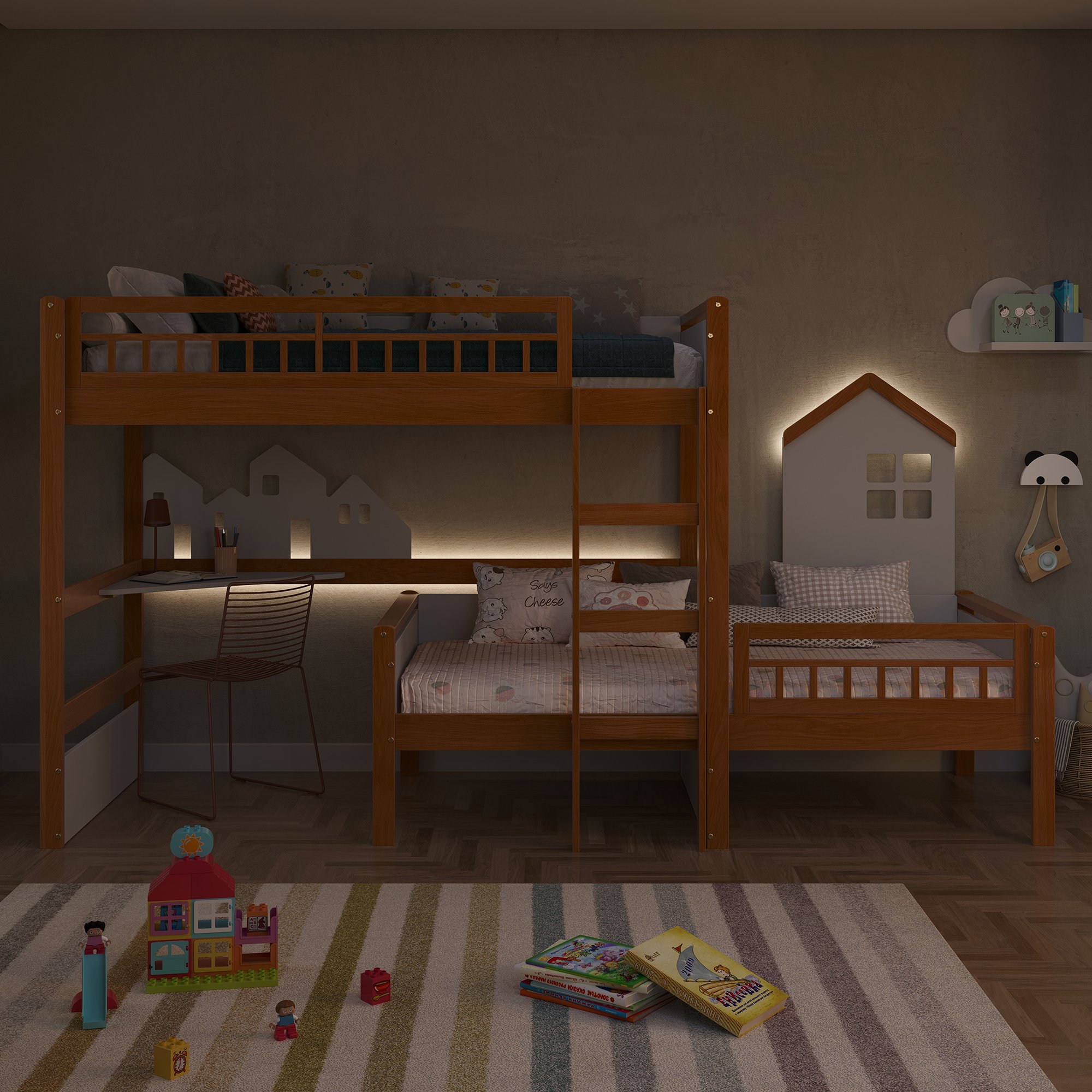 cama alta inf multi com casa cidade esc e led gold