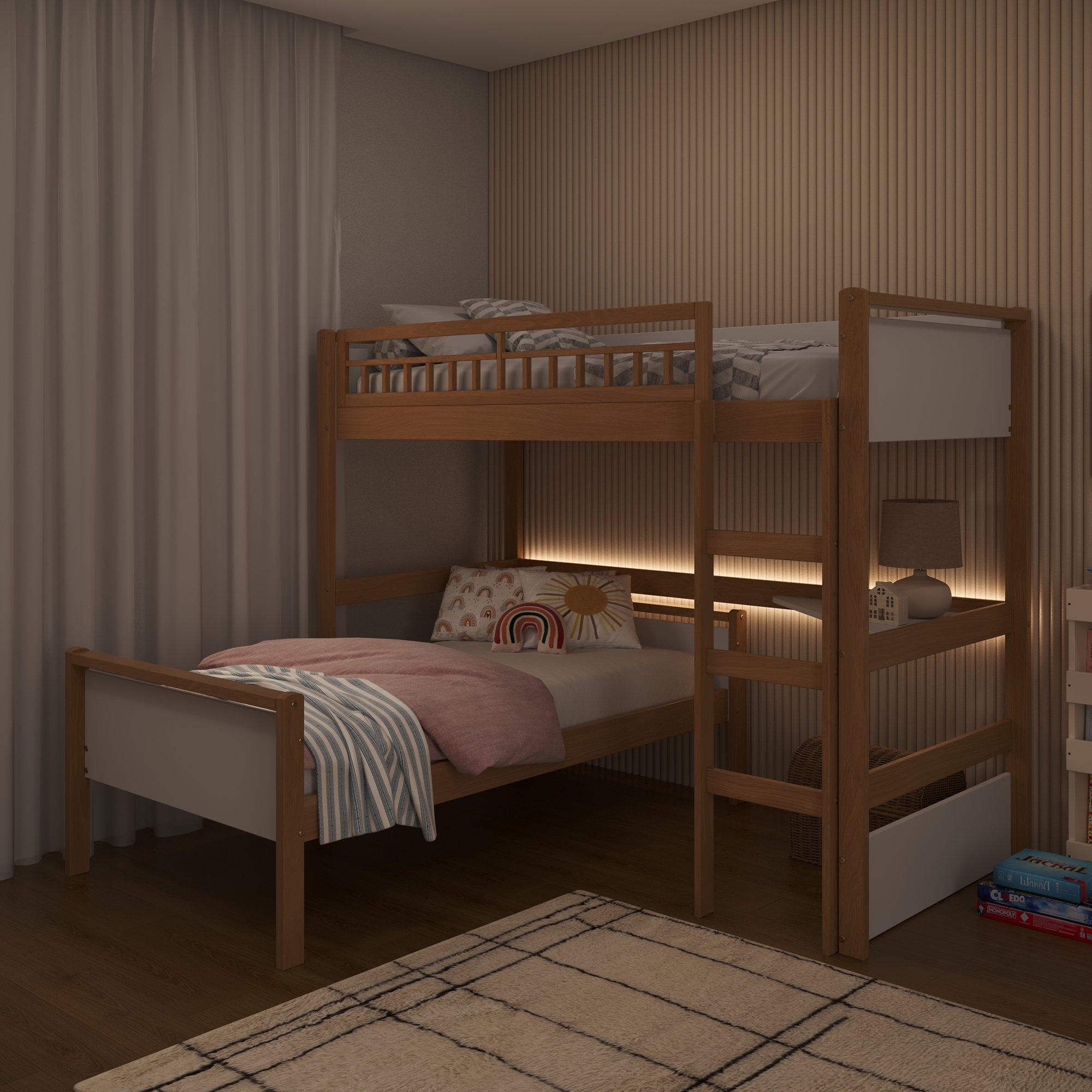 cama alta infantil com cama solteiro esc e led golden branco e mel