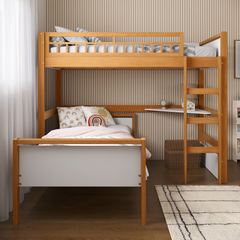 cama alta infantil com cama solteiro esc e led golden branco e mel