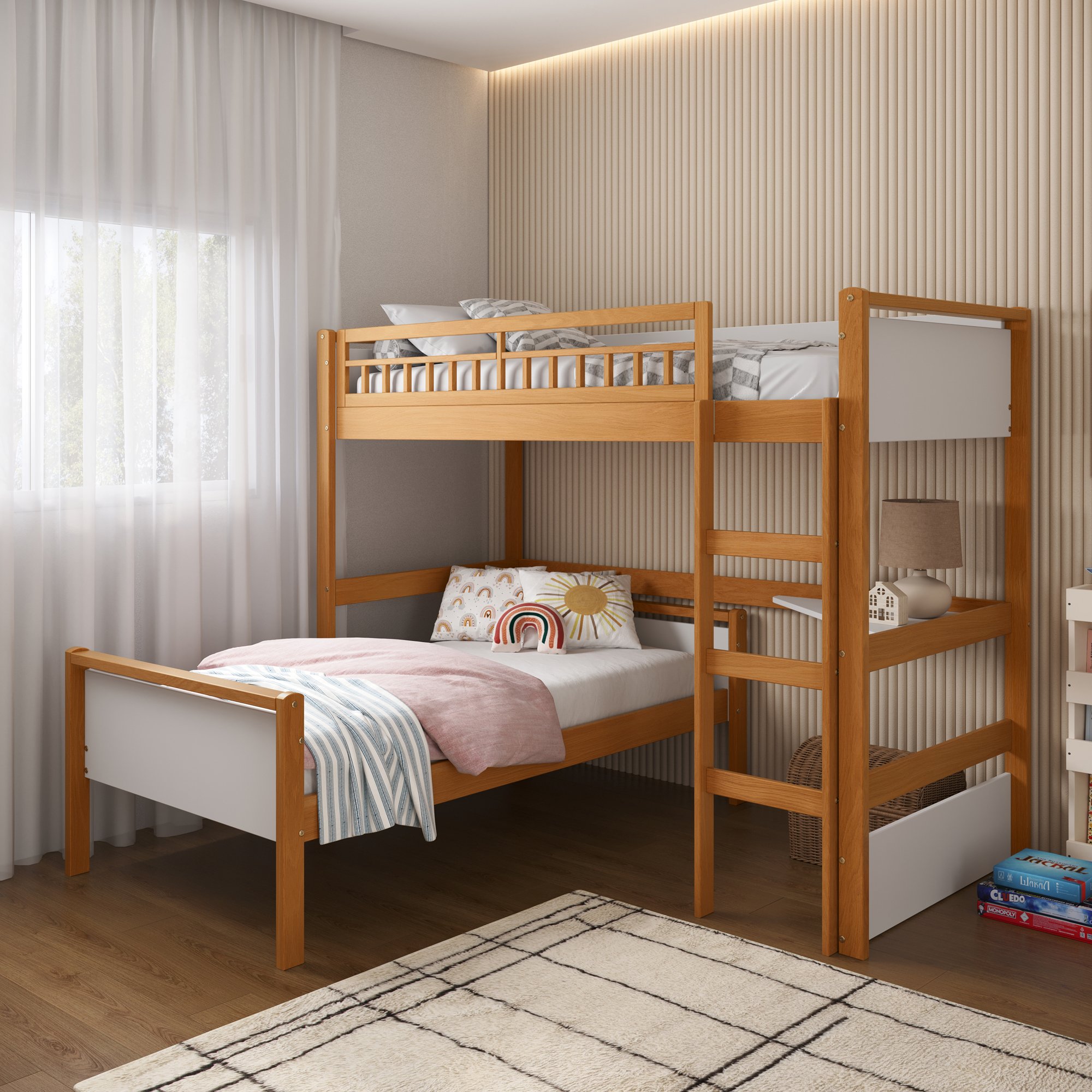 cama alta infantil com cama solteiro esc e led golden branco e mel