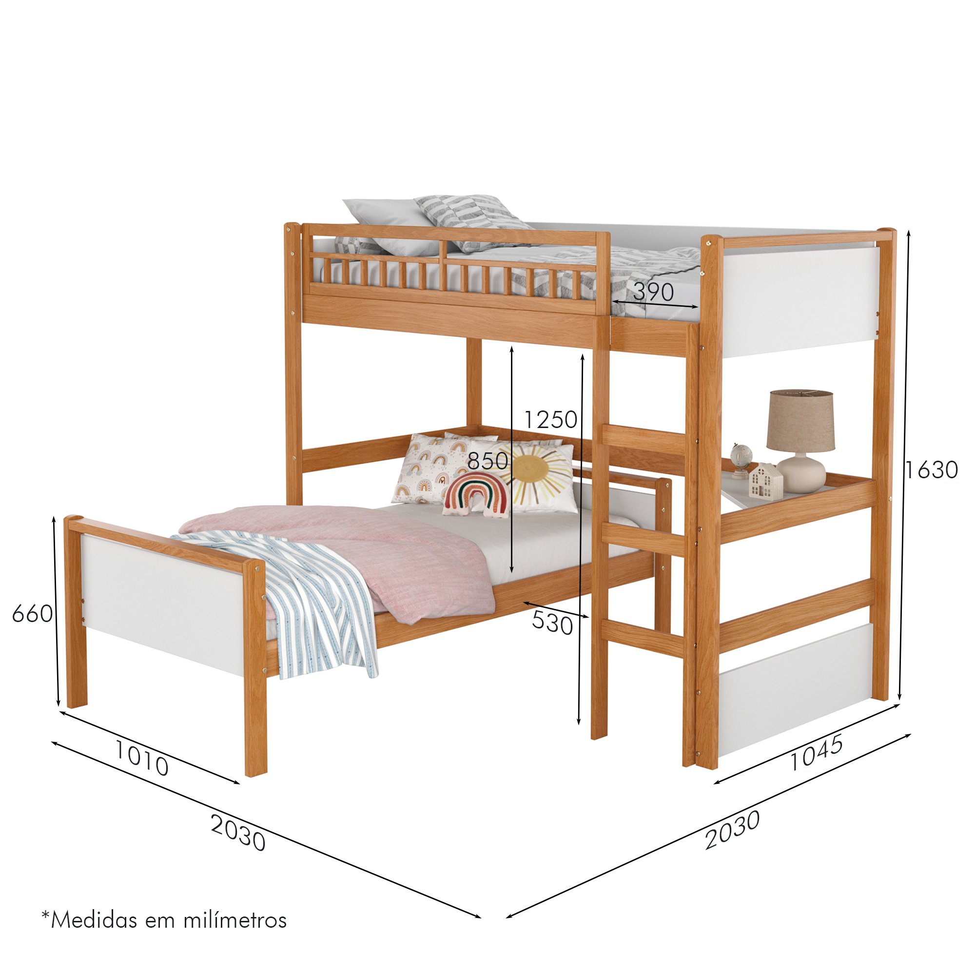 cotas cama alta infantil com cama solteiro esc e led golden branco e mel