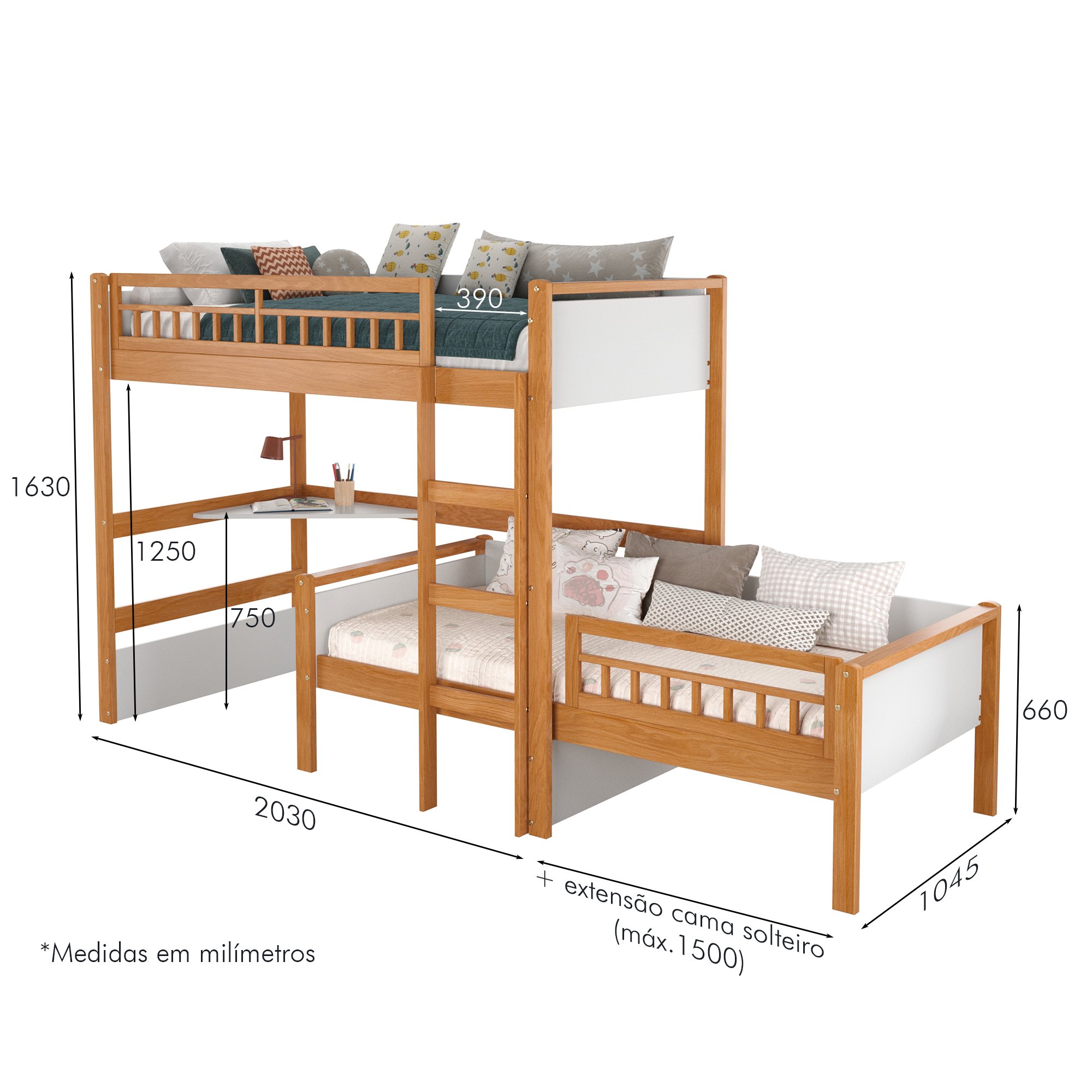 cotas cama alta infantil multifuncional com led golden branco e mel