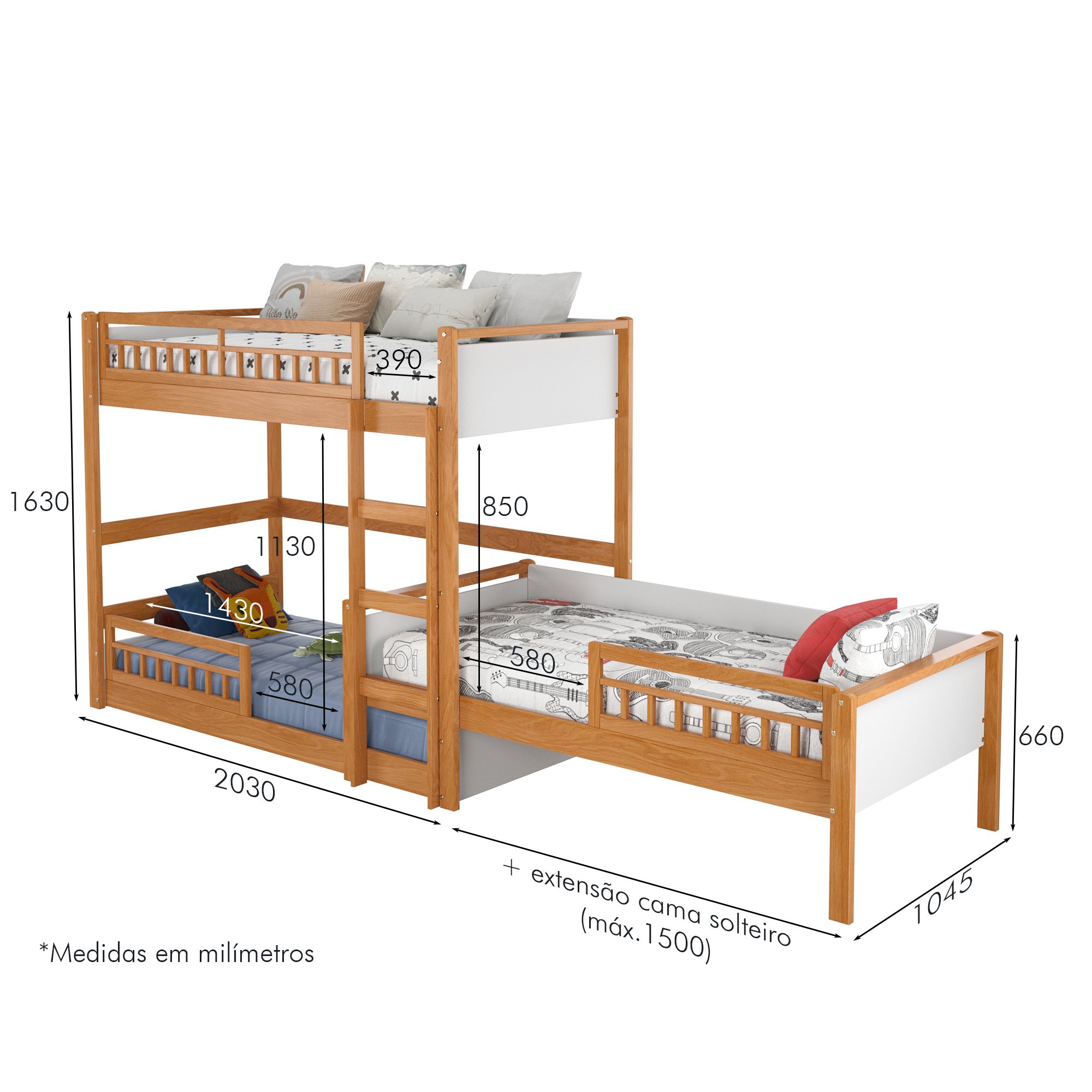cotas cama alta infantil montessoriana com led branco e mel