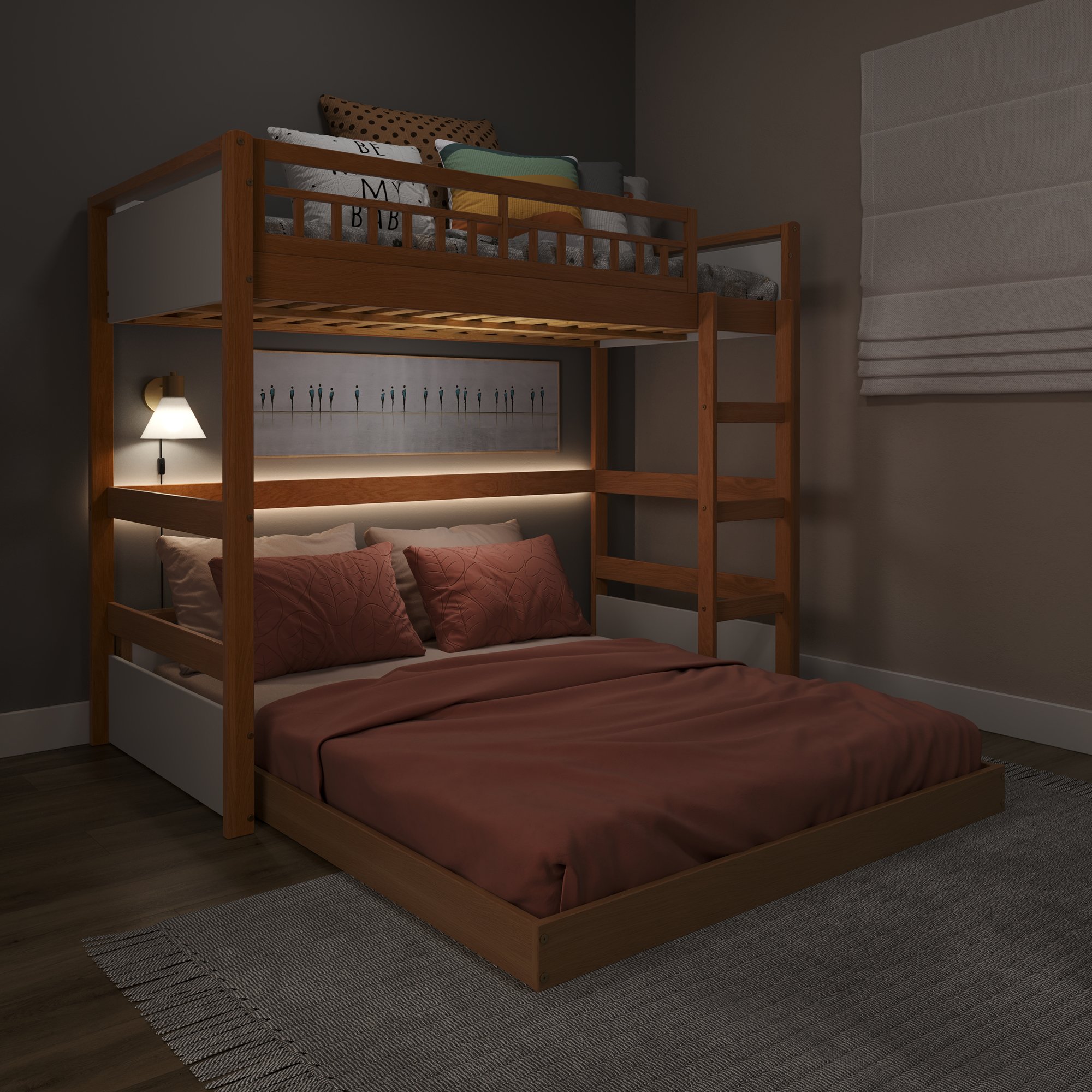 beliche infantil com cama de casal e led golden branco e mel