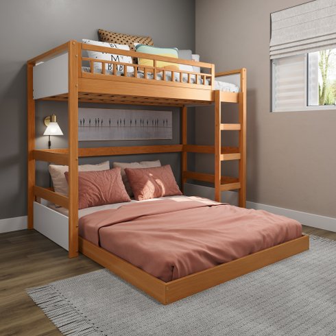 beliche infantil com cama de casal e led golden branco e mel