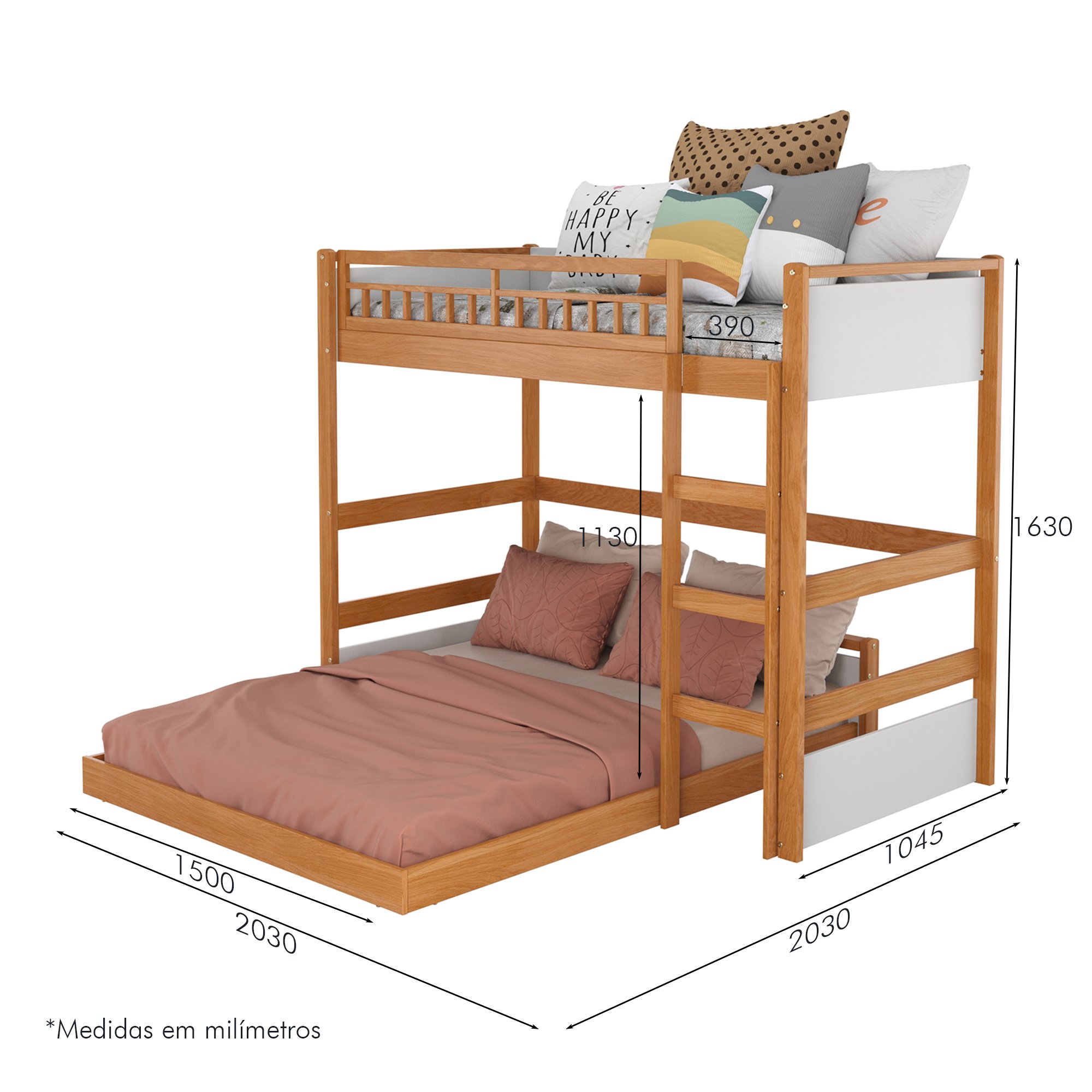 cotas beliche infantil com cama de casal e led golden branco e mel