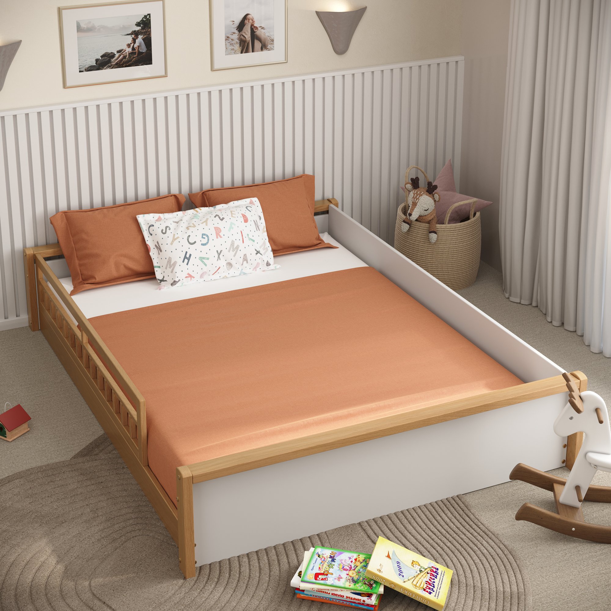 cama casal montessoriana reversivel com grade de protecao golden branco e mel