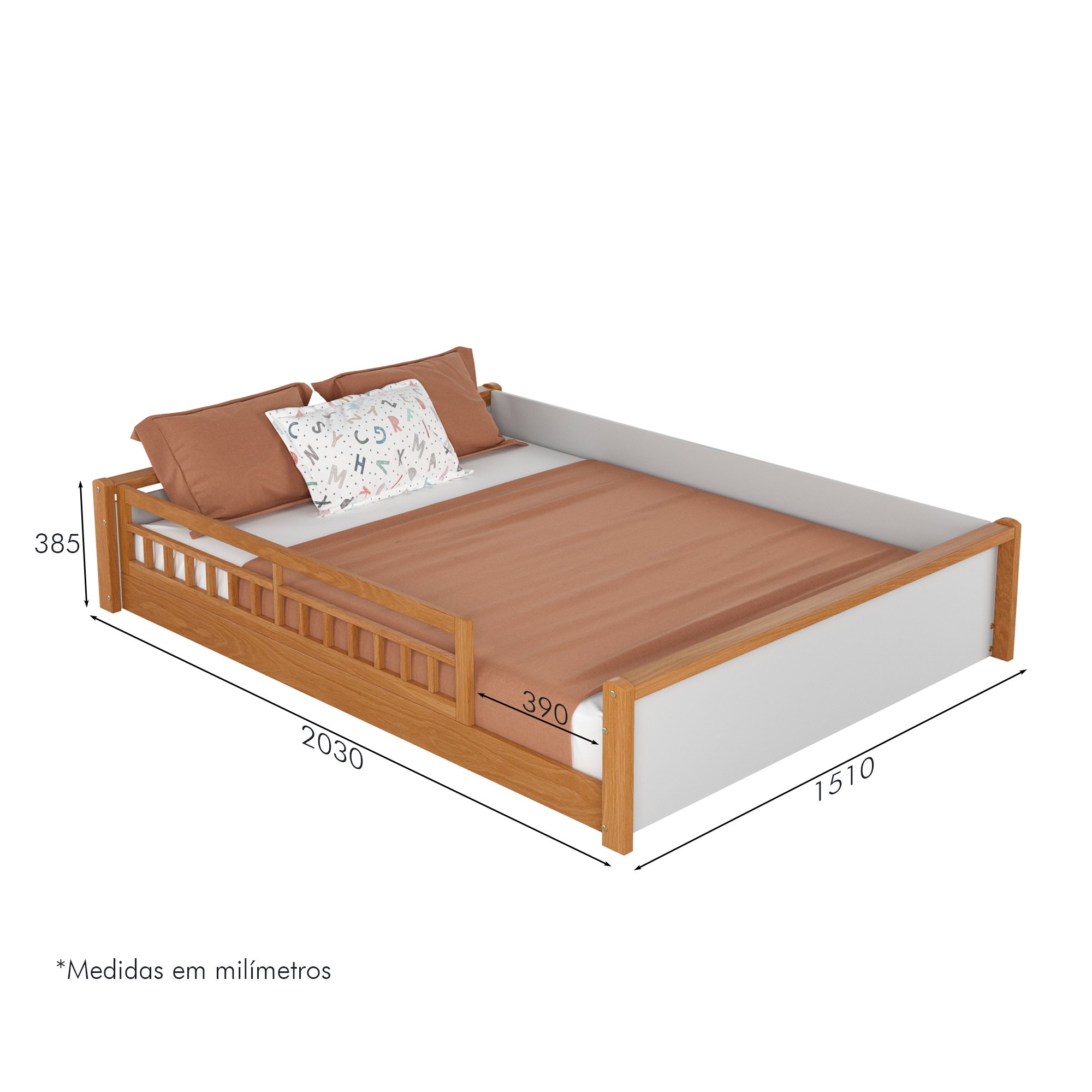 cotas cama casal montessoriana reversivel com grade de protecao golden branco e mel