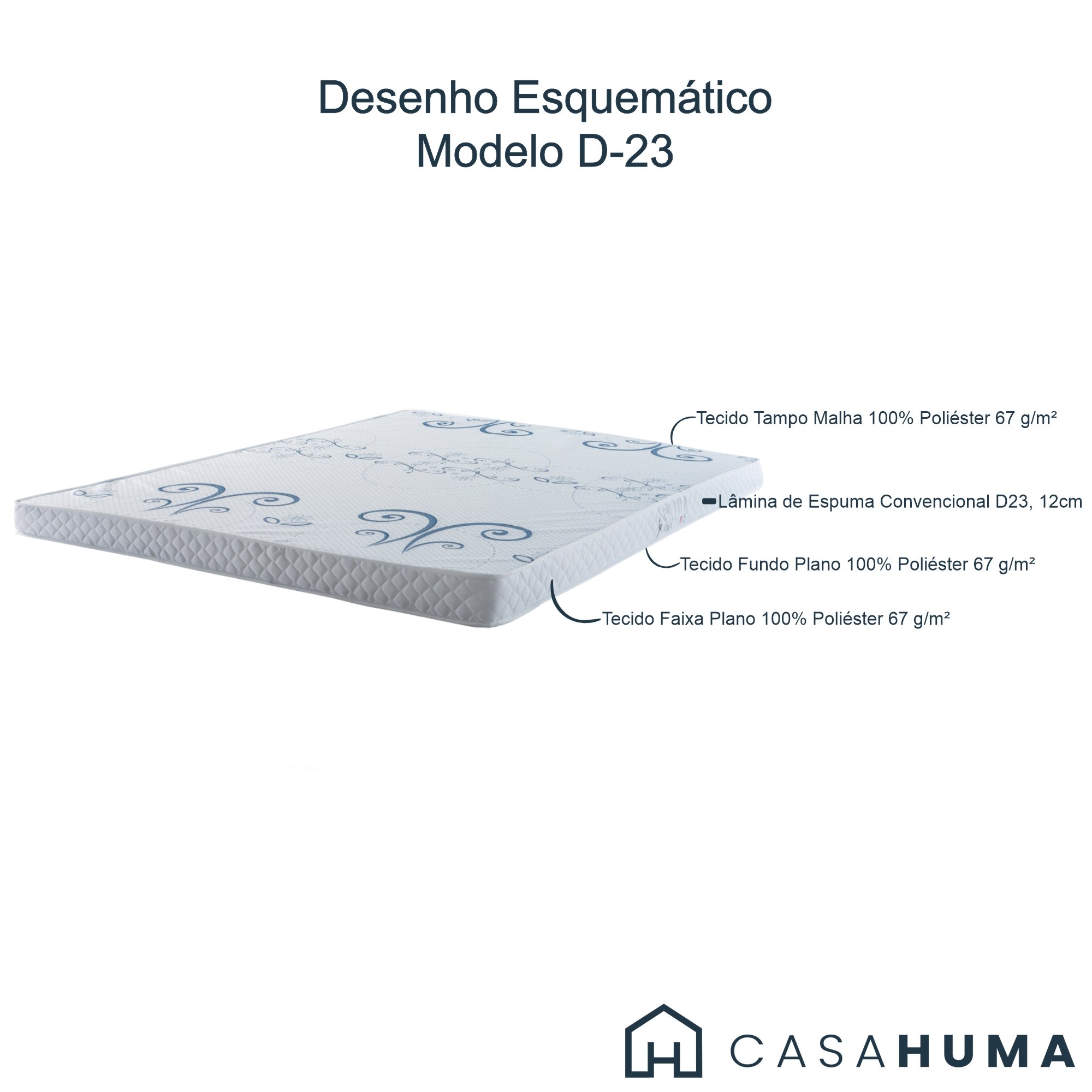 desenho esquematico colchao casal 138 cm x 188 cm x 12 cm branco