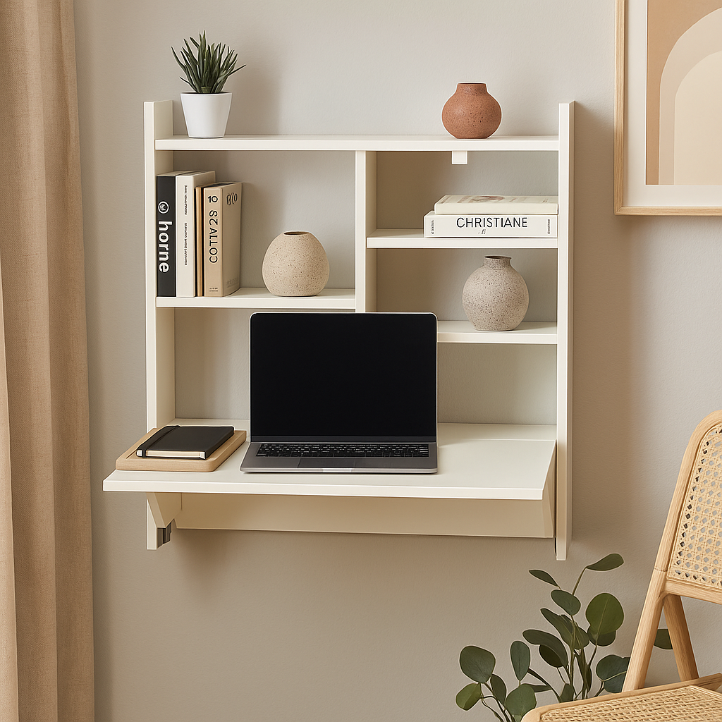 escrivaninha suspensa dobravel com nichos branco ambientacao