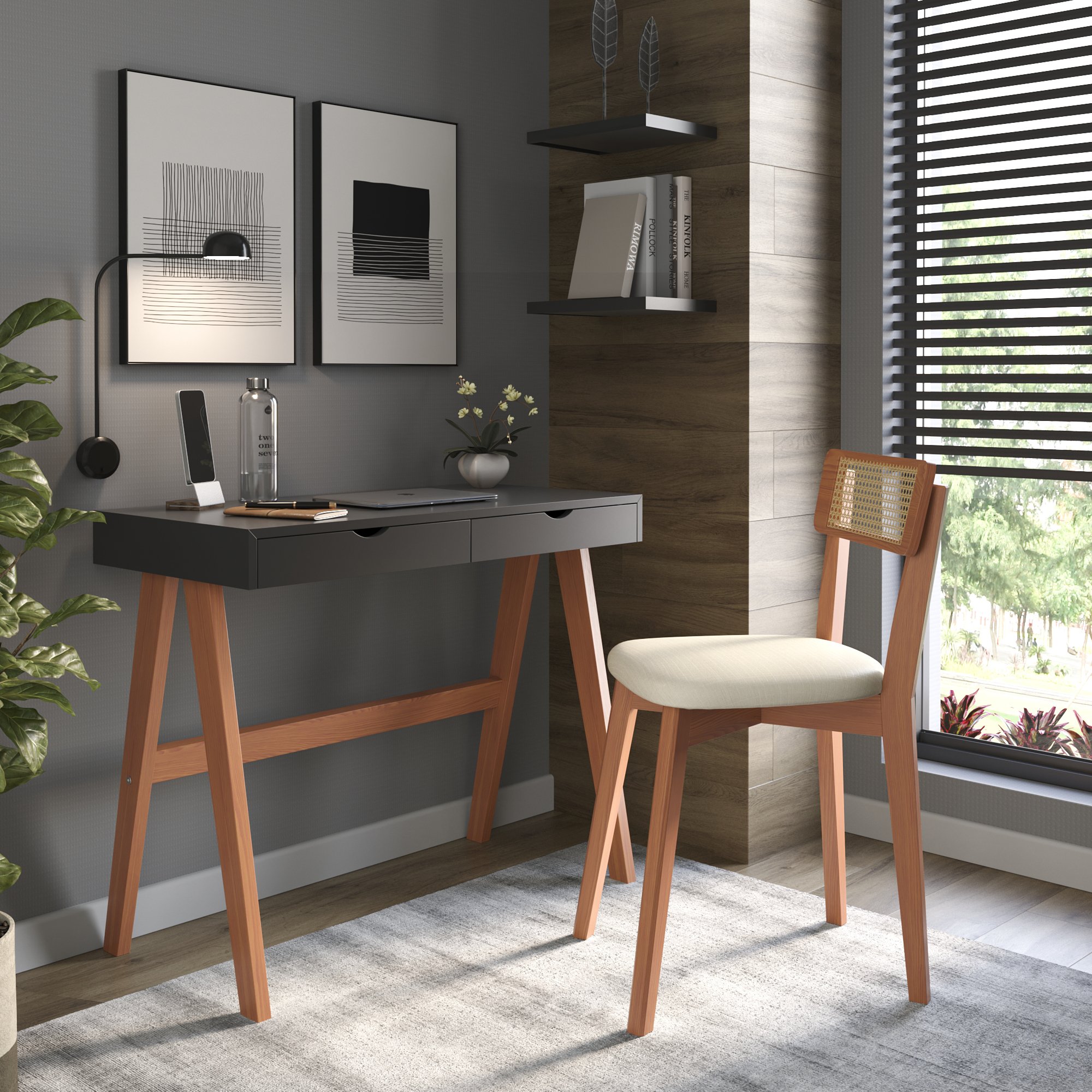 escrivaninha olivia 2 gavetas ambientacao preto e amendoa