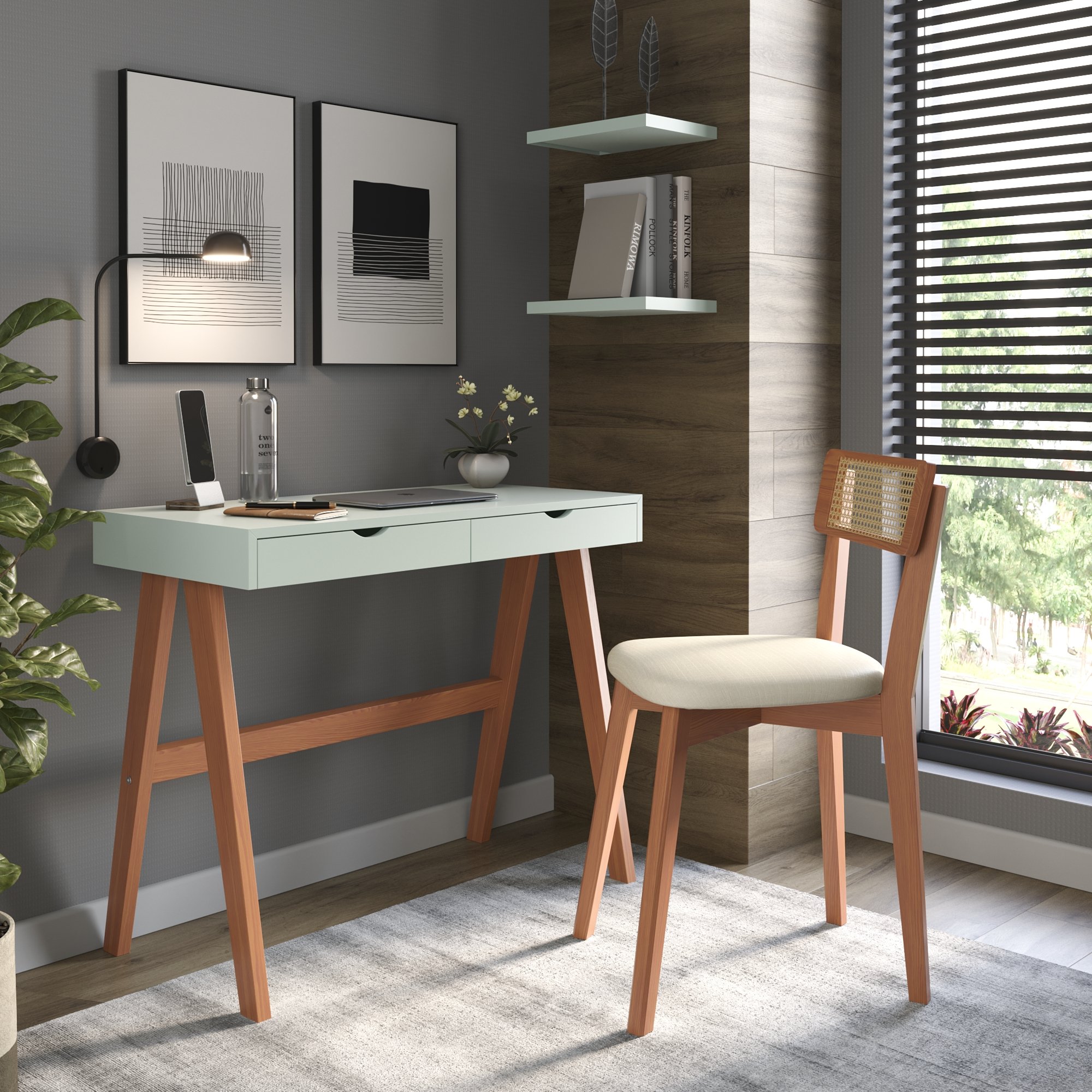 escrivaninha olivia 2 gavetas ambientacao verde oliva e amendoa