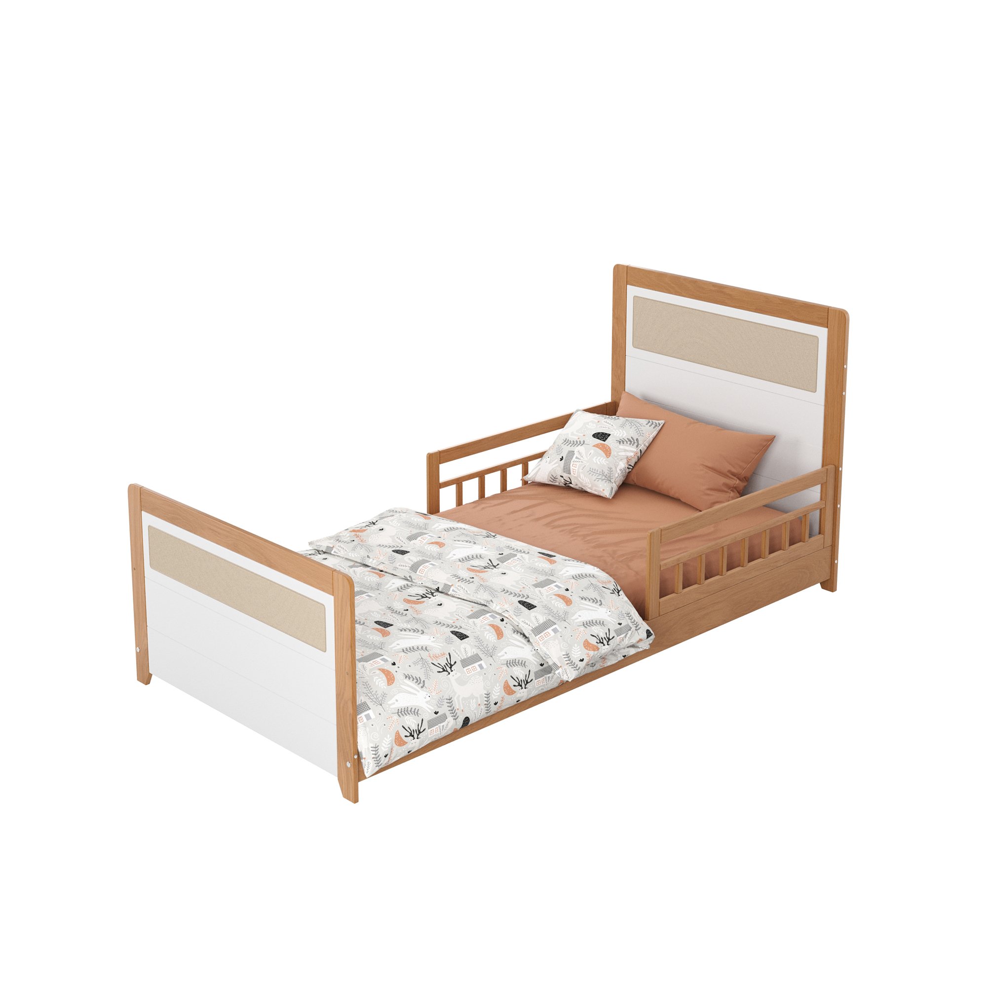 cama montessoriana solteiro reversivel rattan com grade dupla de protecao golden branco e mel