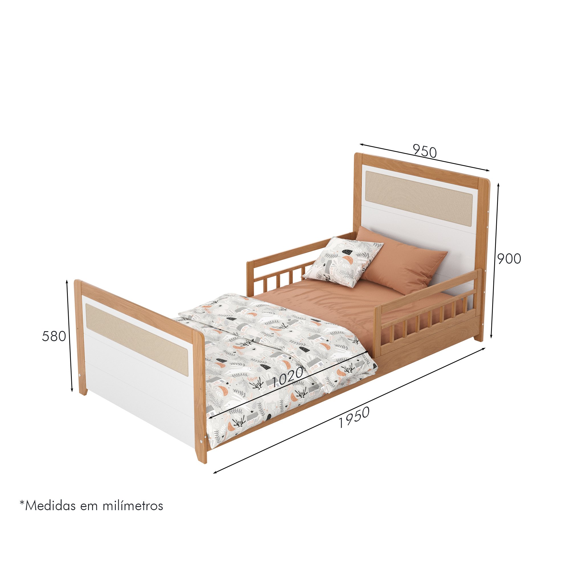 cotas cama montessoriana solteiro reversivel rattan com grade dupla de protecao golden branco e mel