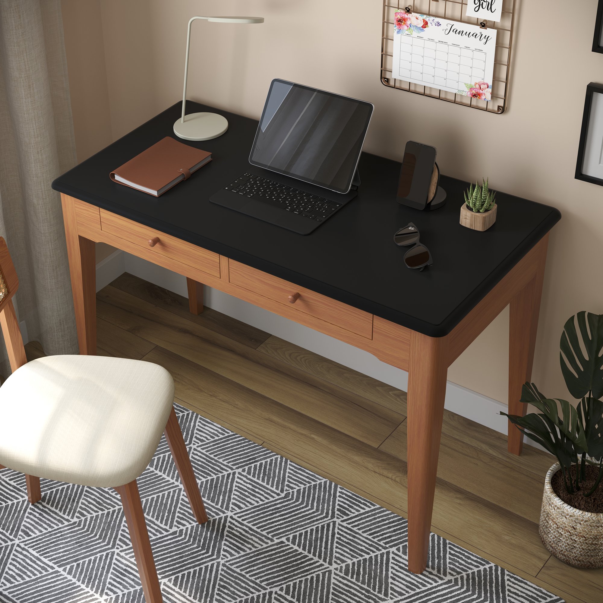 escrivaninha manhattan 2 gavetas madeira macica casa huma preto e amendoa