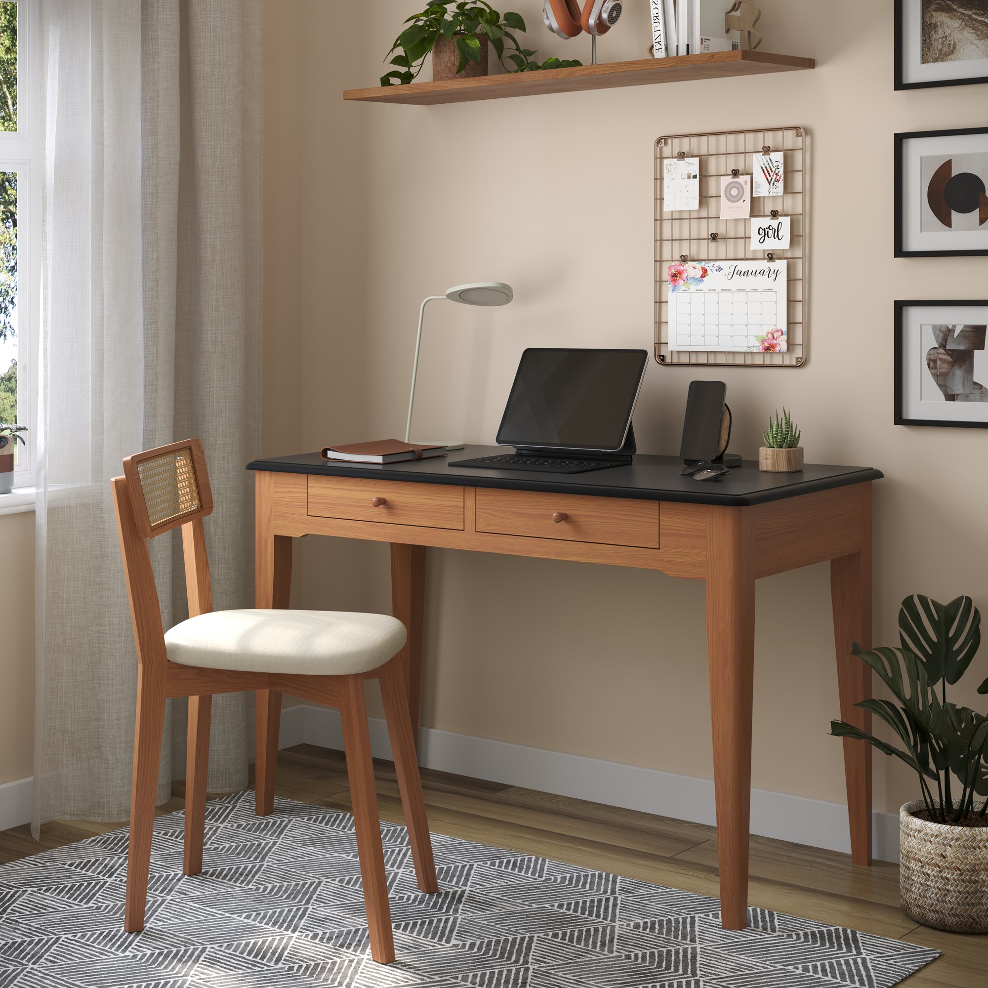 escrivaninha manhattan 2 gavetas madeira macica casa huma preto e amendoa