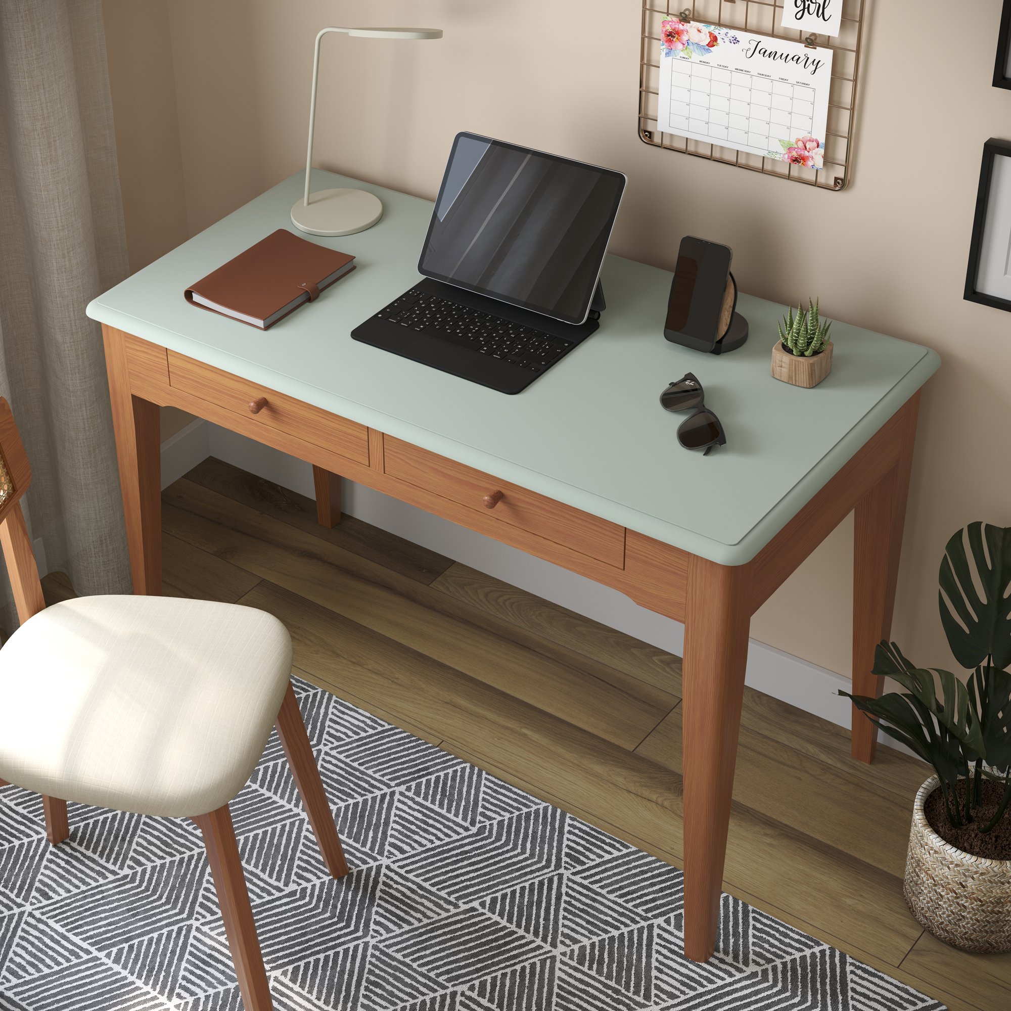 escrivaninha manhattan 2 gavetas madeira macica casa huma verde oliva e amendoa